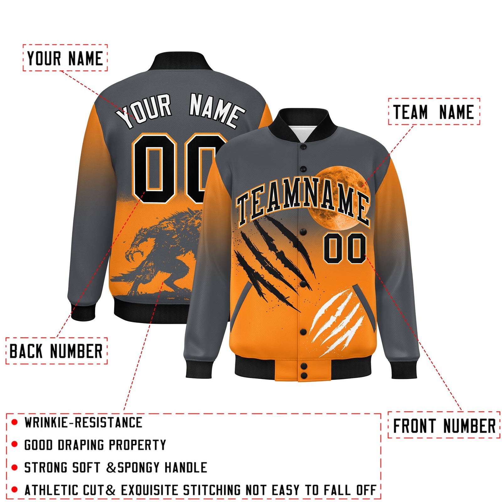 Custom Gray Orange Black skeleton Halloween Graffiti Pattern Stretch Fabric Jacket| KXKSHOP