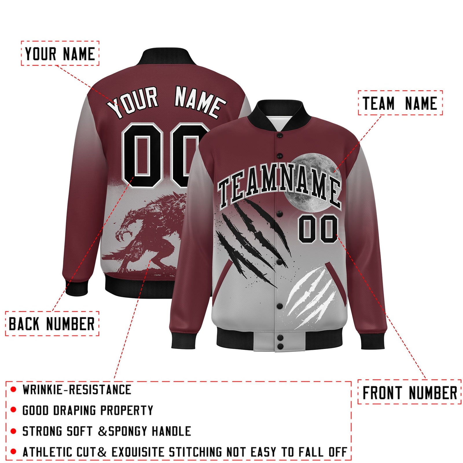 Custom Burgundy Gray Black skeleton Halloween Graffiti Pattern Moisture-Wicking Jacket| KXKSHOP