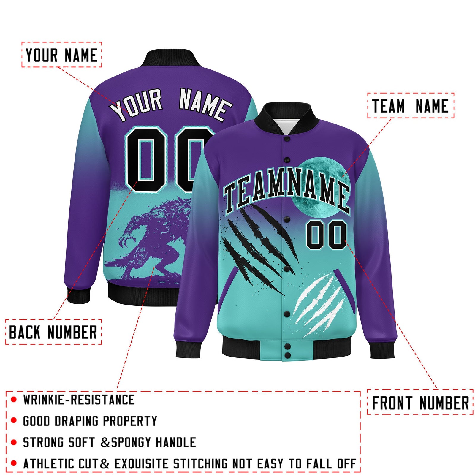 Custom Purple Teal Black skeleton Halloween Graffiti Pattern Moisture-Wicking Jacket| KXKSHOP