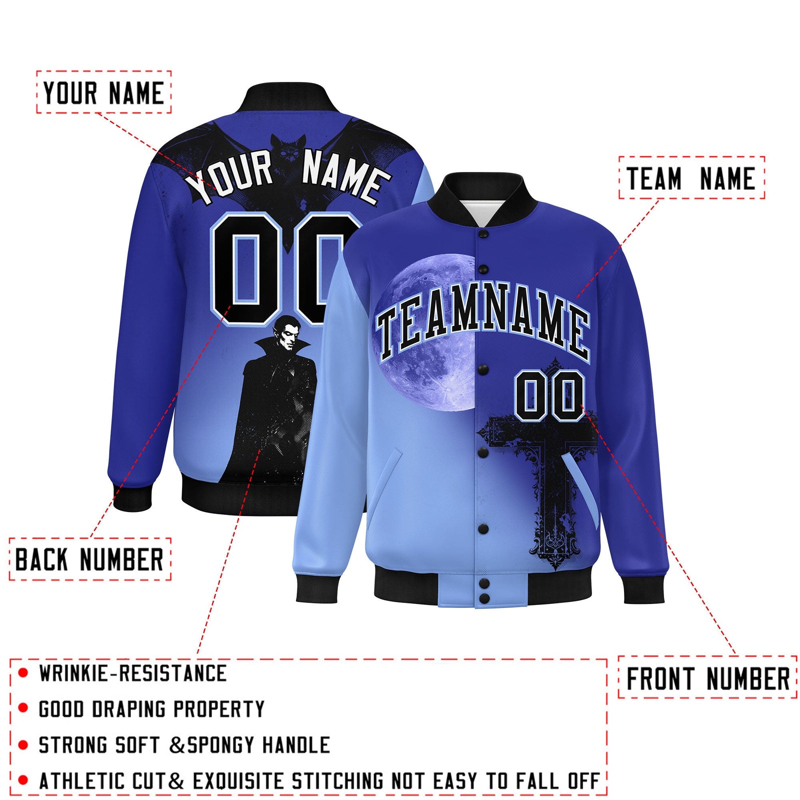 Custom Royal Light Blue Black skeleton Halloween Graffiti Pattern Moisture-Wicking Jacket| KXKSHOP