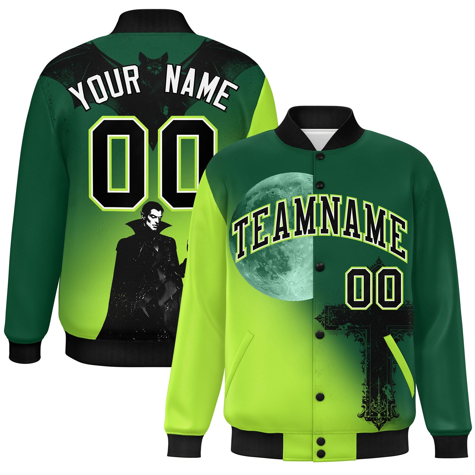 Custom Green Neon Green Black skeleton Halloween Graffiti Pattern Stretch Fabric Jacket| KXKSHOP