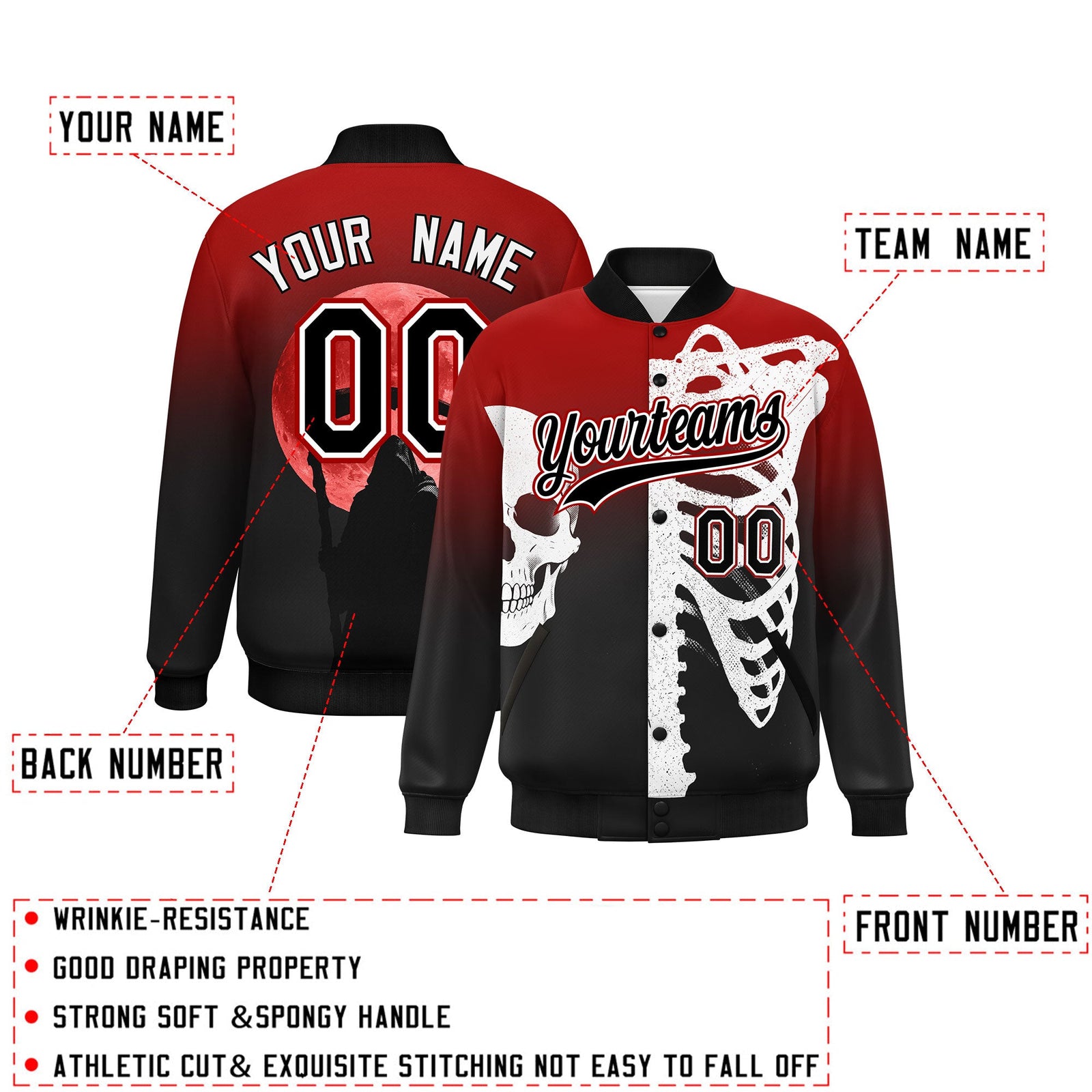 Custom Red Black White skeleton Halloween Graffiti Pattern Moisture-Wicking Jacket| KXKSHOP