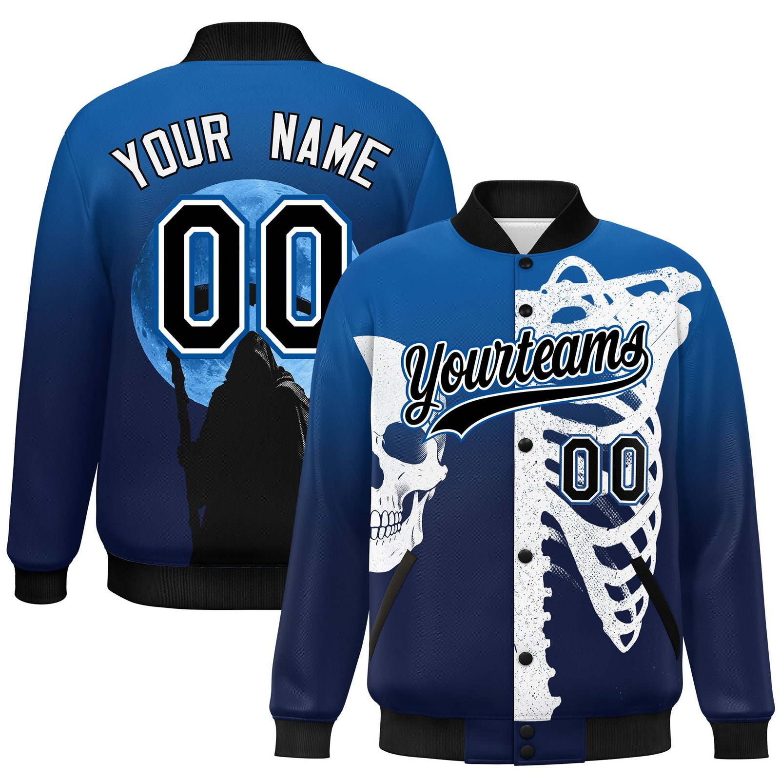 Custom Royal Navy Black skeleton Halloween Graffiti Pattern Stretch Fabric Jacket| KXKSHOP