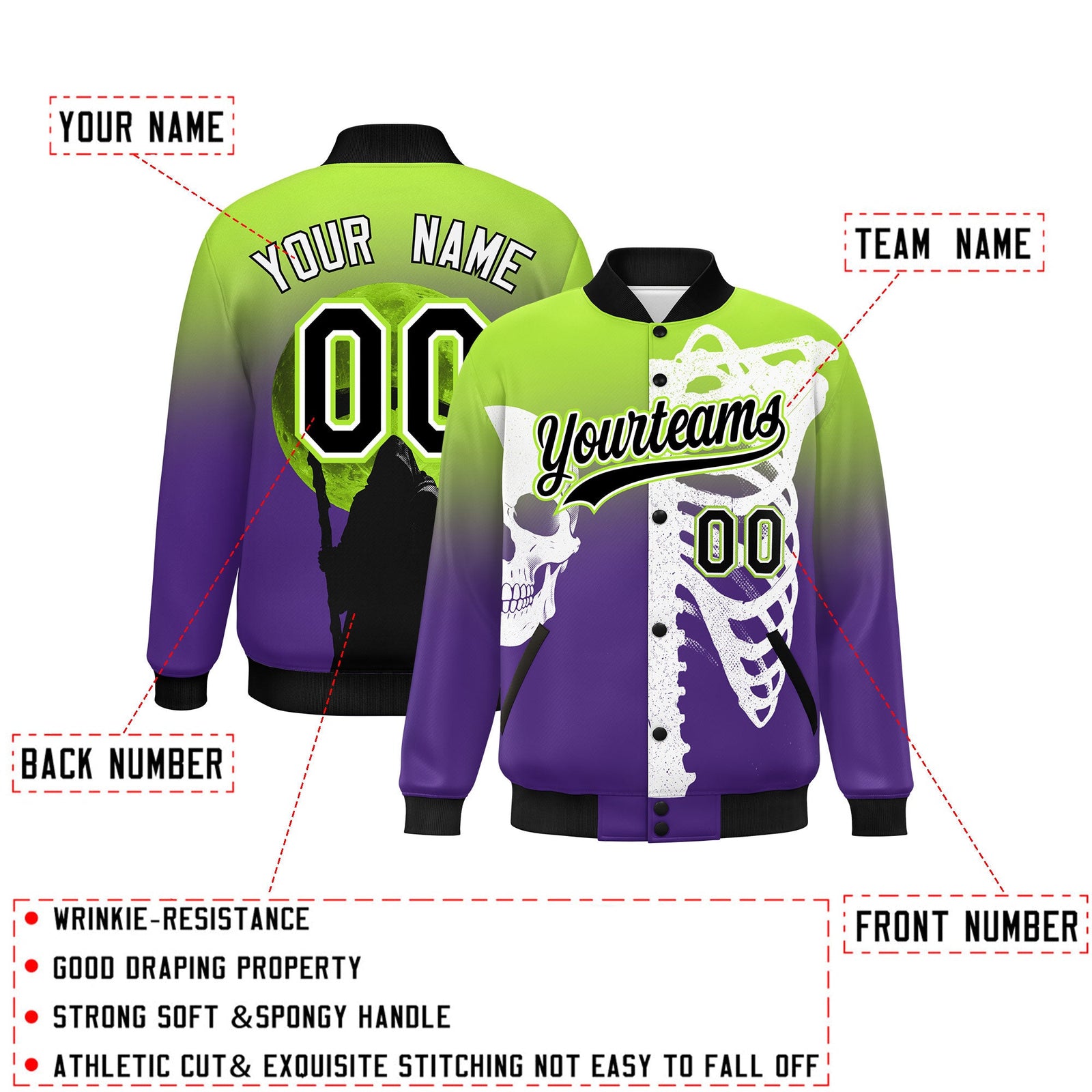 Custom Neon Green Purple Black skeleton Halloween Graffiti Pattern Moisture-Wicking Jacket| KXKSHOP
