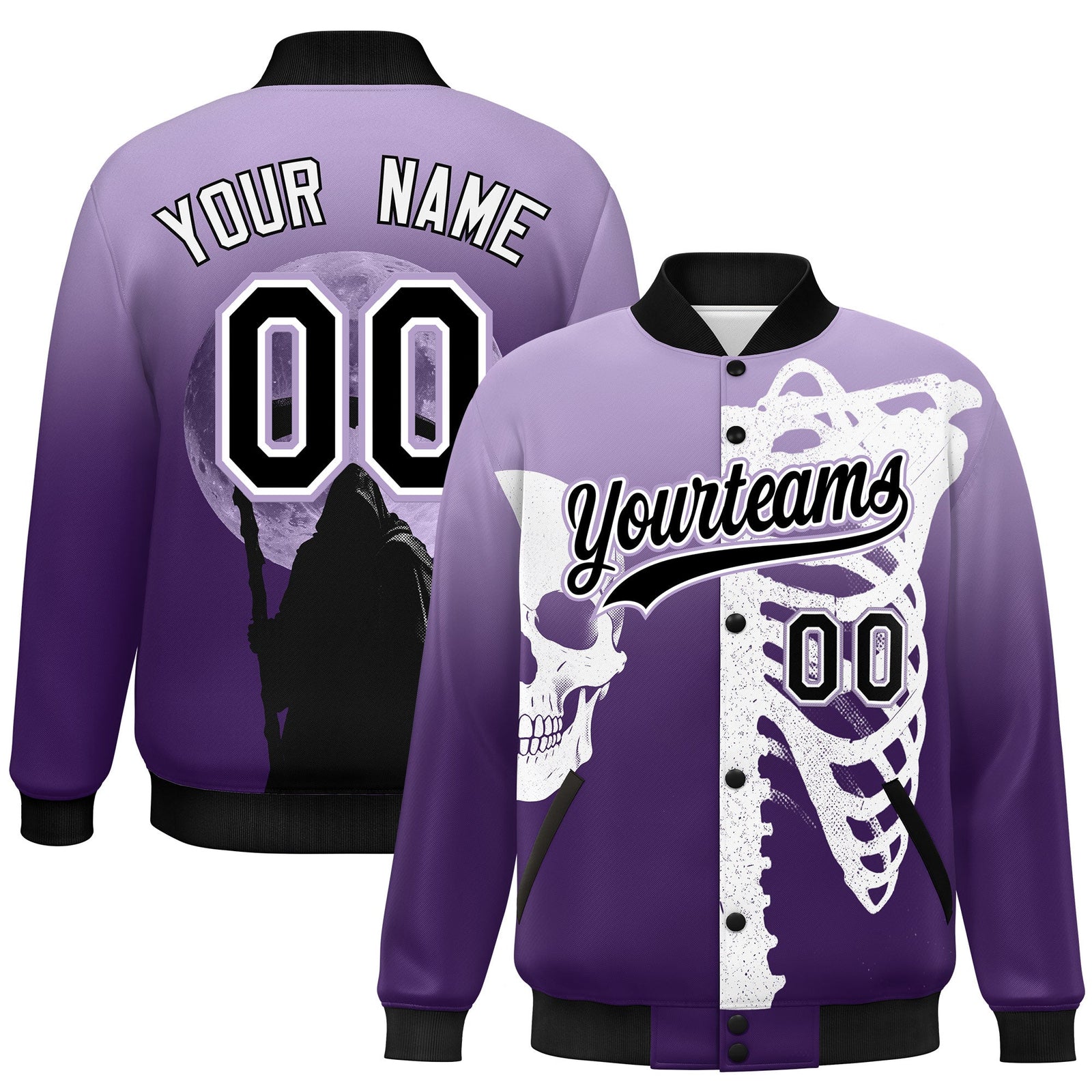 Custom Light Purple Purple Black skeleton Halloween Graffiti Pattern Stretch Fabric Jacket| KXKSHOP