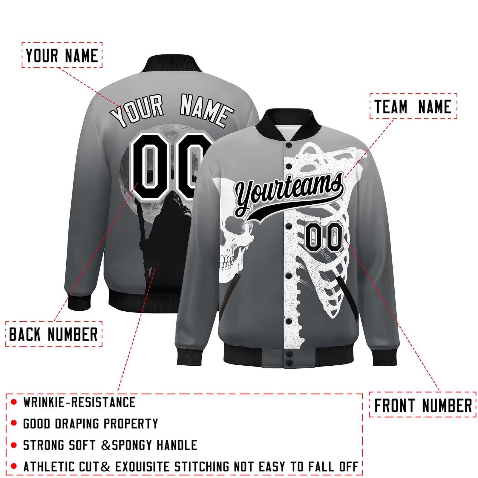 Custom Gray Dark Gray Black skeleton Halloween Graffiti Pattern Moisture-Wicking Jacket| KXKSHOP