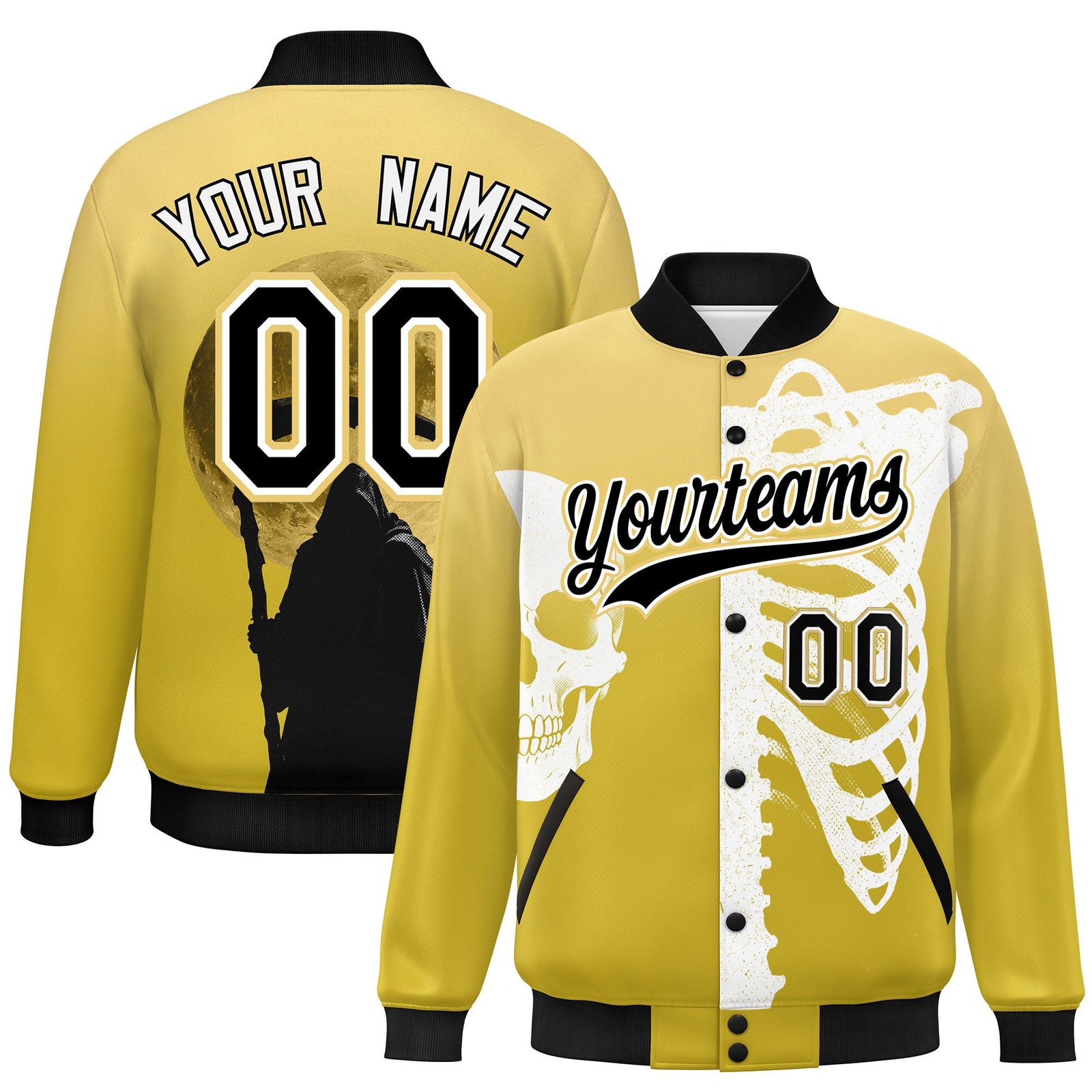 Custom Khaki Old Gold Black skeleton Halloween Graffiti Pattern Stretch Fabric Jacket| KXKSHOP
