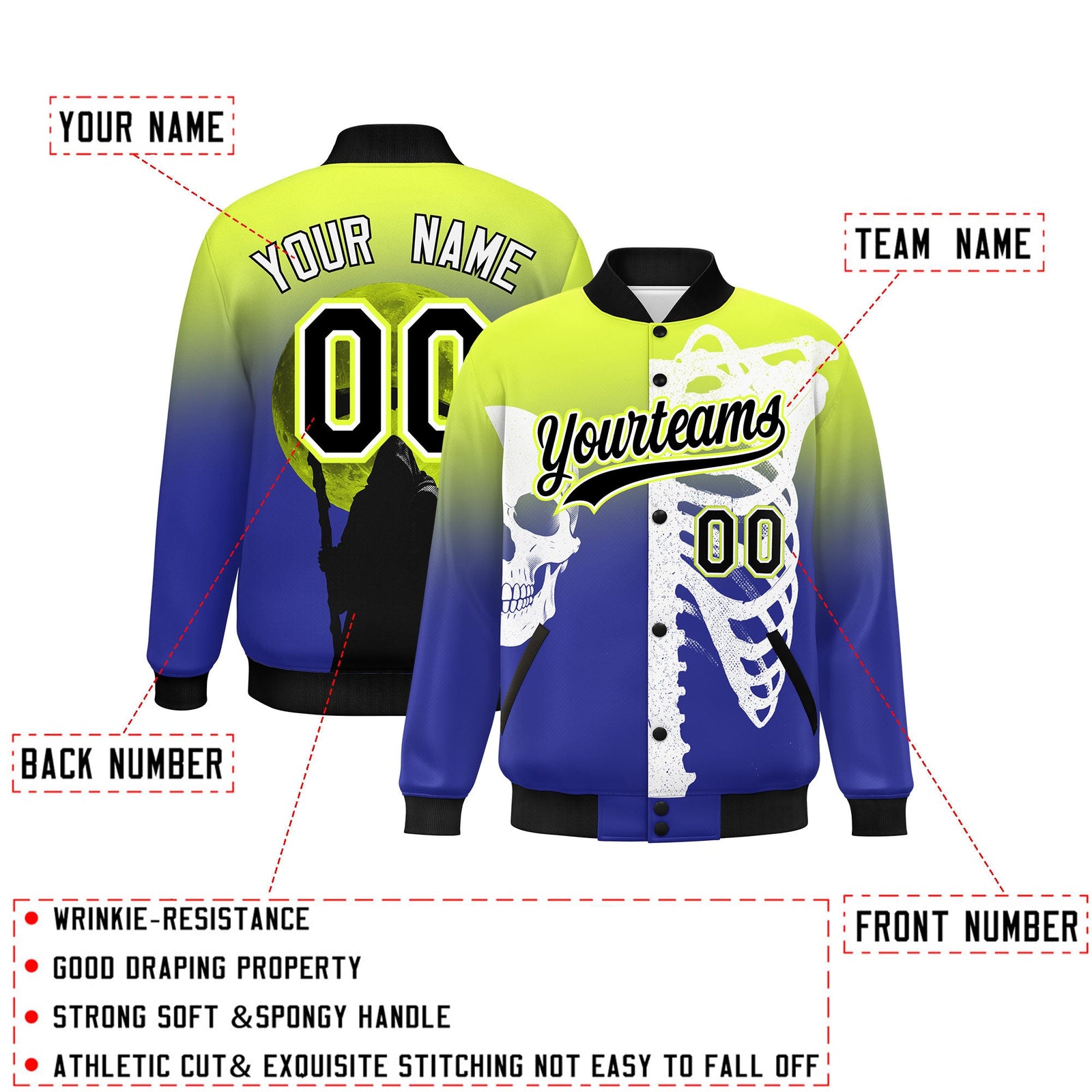 Custom Fluorescent Green Royal Black skeleton Halloween Graffiti Pattern Moisture-Wicking Jacket| KXKSHOP
