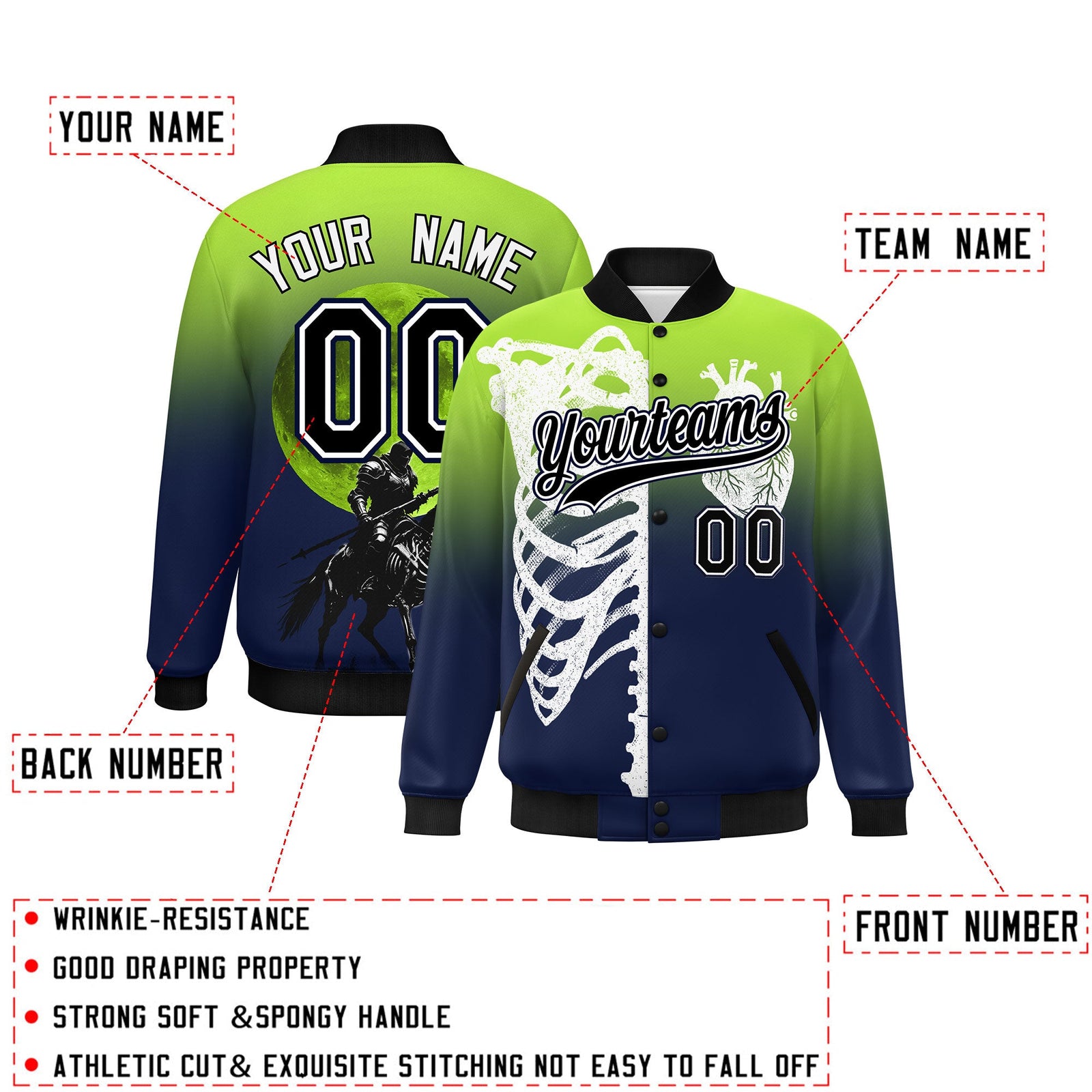 Custom Neon Green Navy Black skeleton Halloween Graffiti Pattern Stretch Fabric Jacket| KXKSHOP