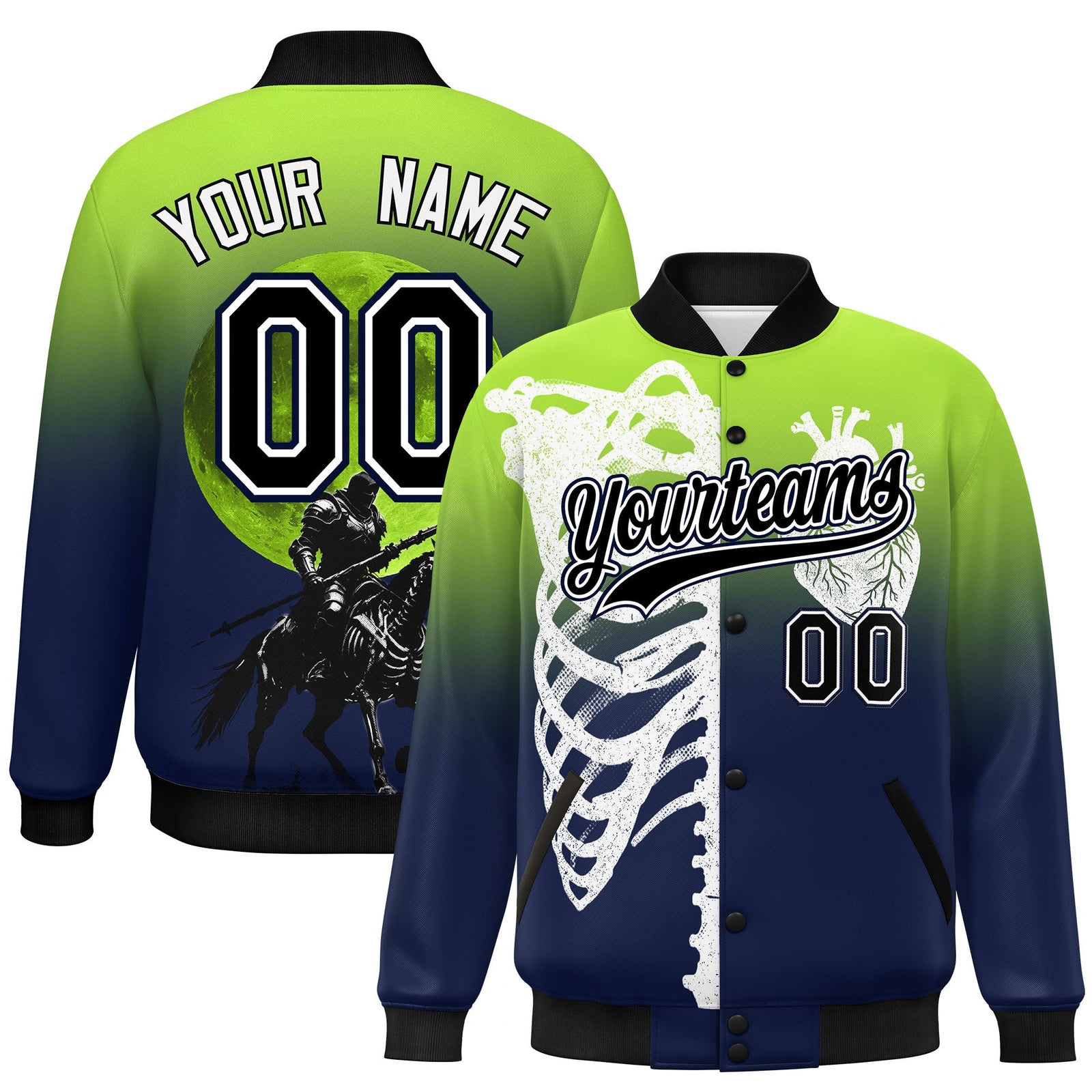 Custom Neon Green Navy Black skeleton Halloween Graffiti Pattern Stretch Fabric Jacket| KXKSHOP