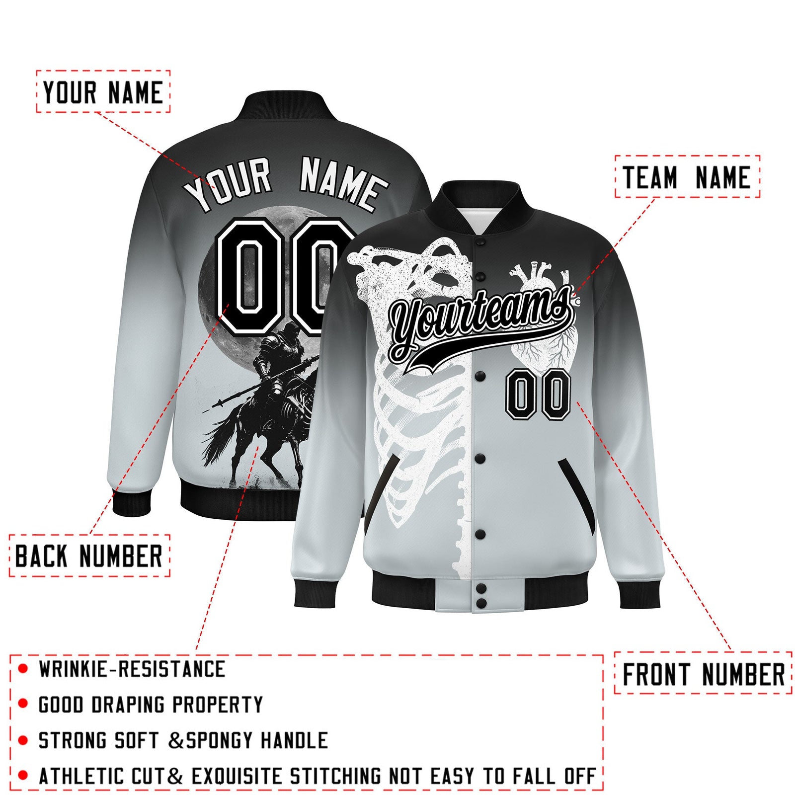 Custom Black Silver White skeleton Halloween Graffiti Pattern Stretch Fabric Jacket| KXKSHOP
