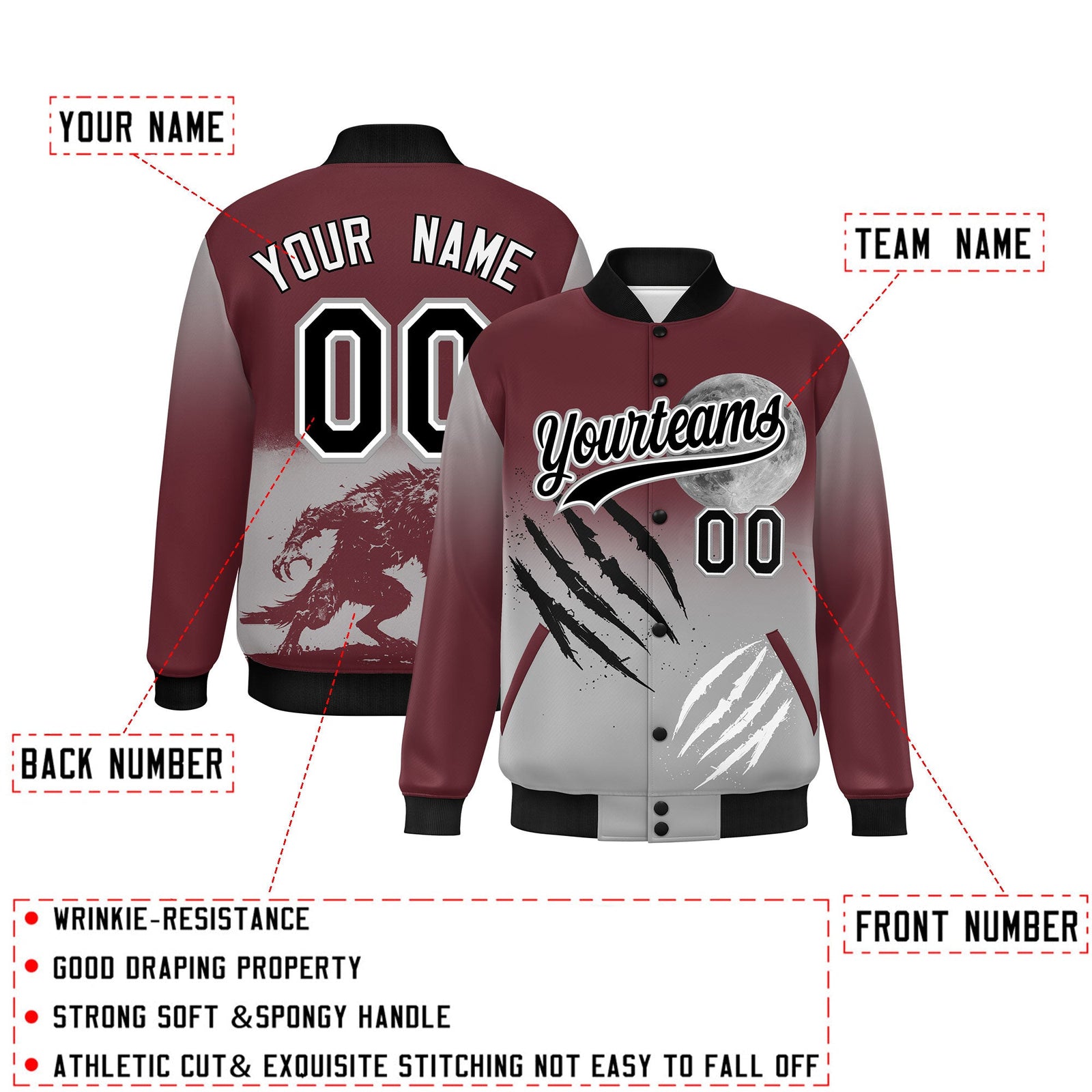 Custom Burgundy Gray Black skeleton Halloween Graffiti Pattern Moisture-Wicking Jacket| KXKSHOP