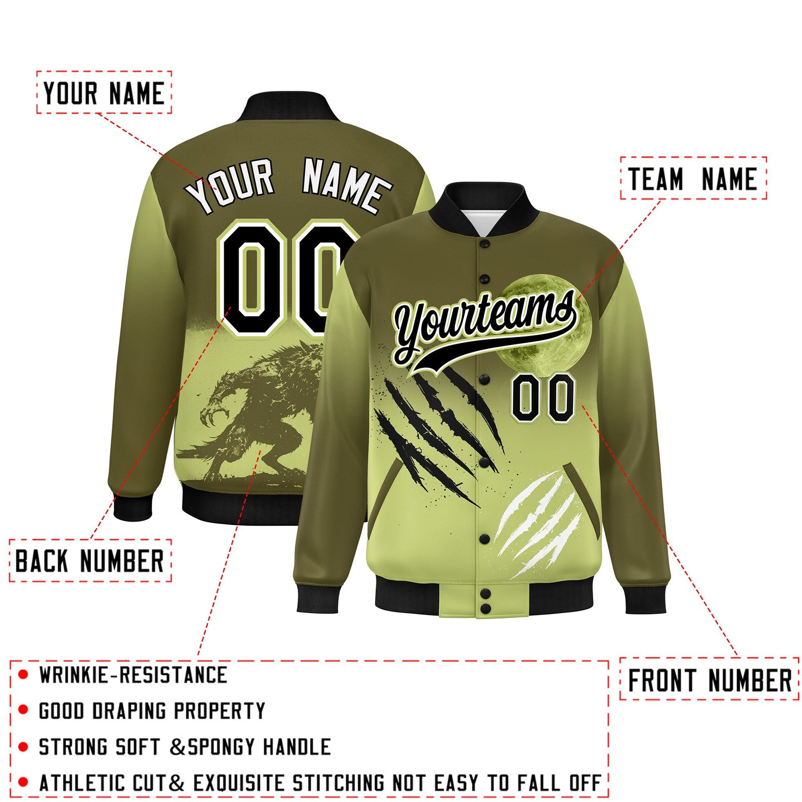 Custom Olive Champagne Black skeleton Halloween Graffiti Pattern Stretch Fabric Jacket| KXKSHOP