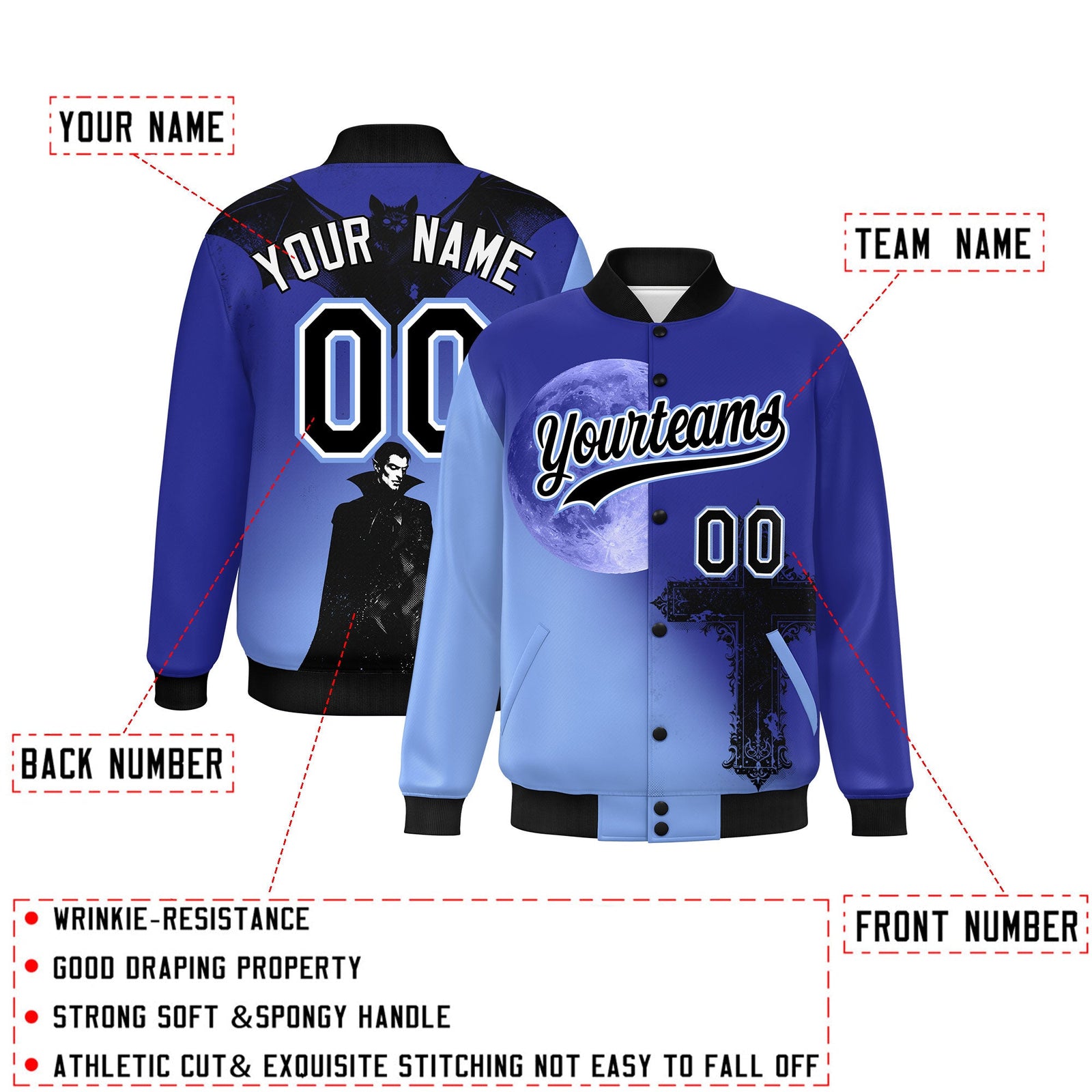 Custom Royal Light Blue Black skeleton Halloween Graffiti Pattern Moisture-Wicking Jacket| KXKSHOP