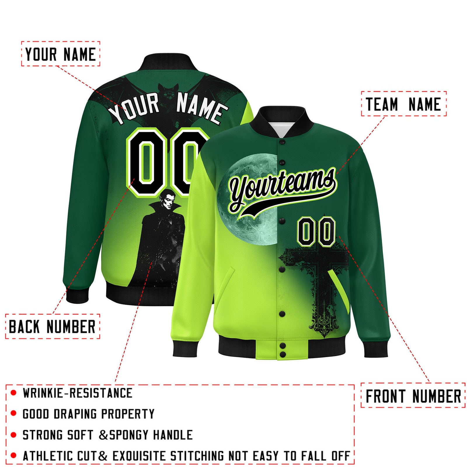 Custom Green Neon Green Black skeleton Halloween Graffiti Pattern Stretch Fabric Jacket| KXKSHOP