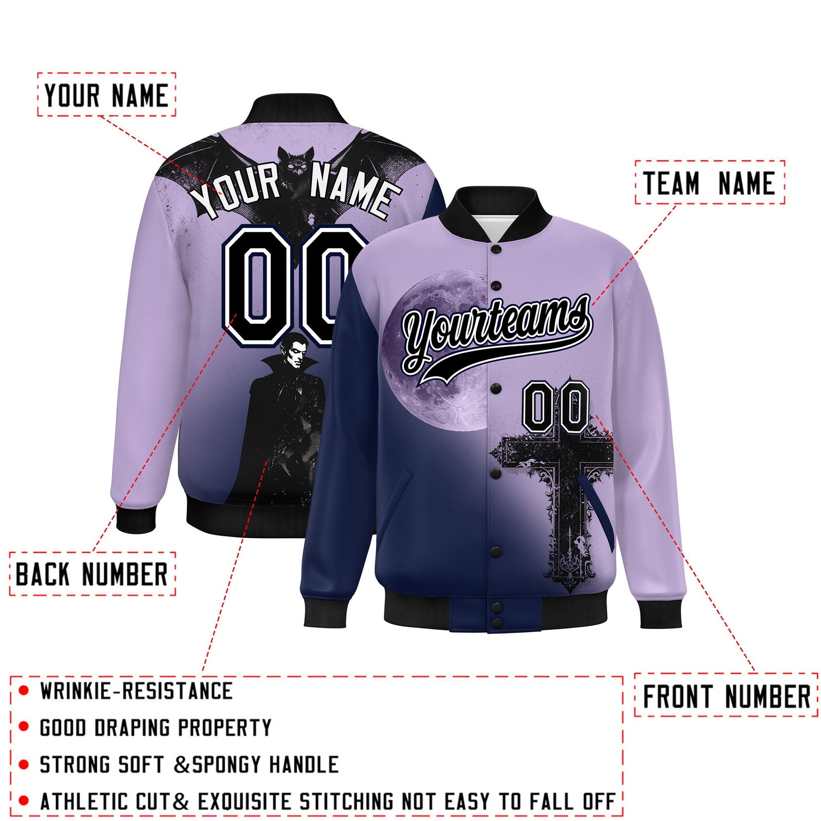 Custom Light Purple Navy Black skeleton Halloween Graffiti Pattern Stretch Fabric Jacket| KXKSHOP