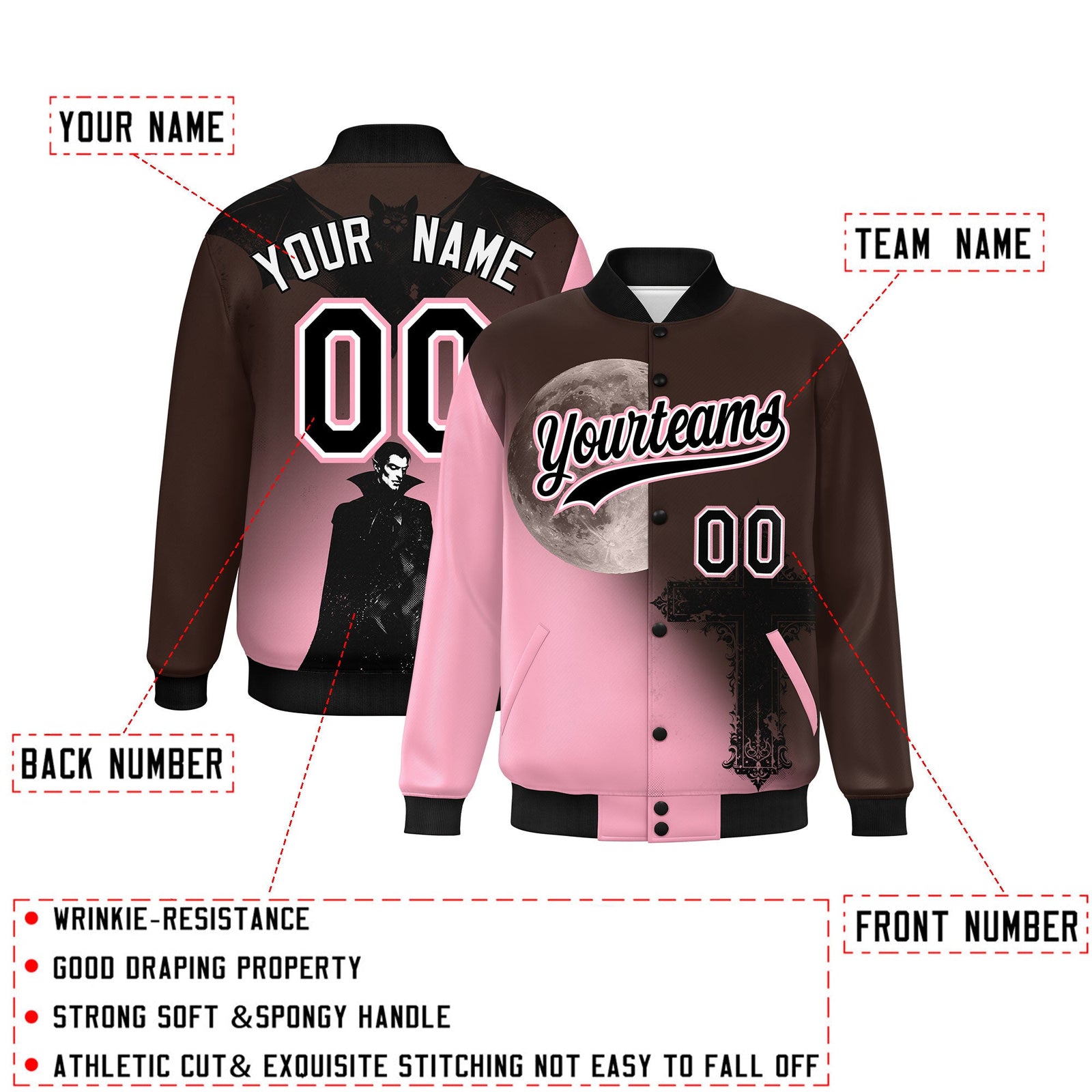 Custom Brown Light Pink Black skeleton Halloween Graffiti Pattern Stretch Fabric Jacket| KXKSHOP