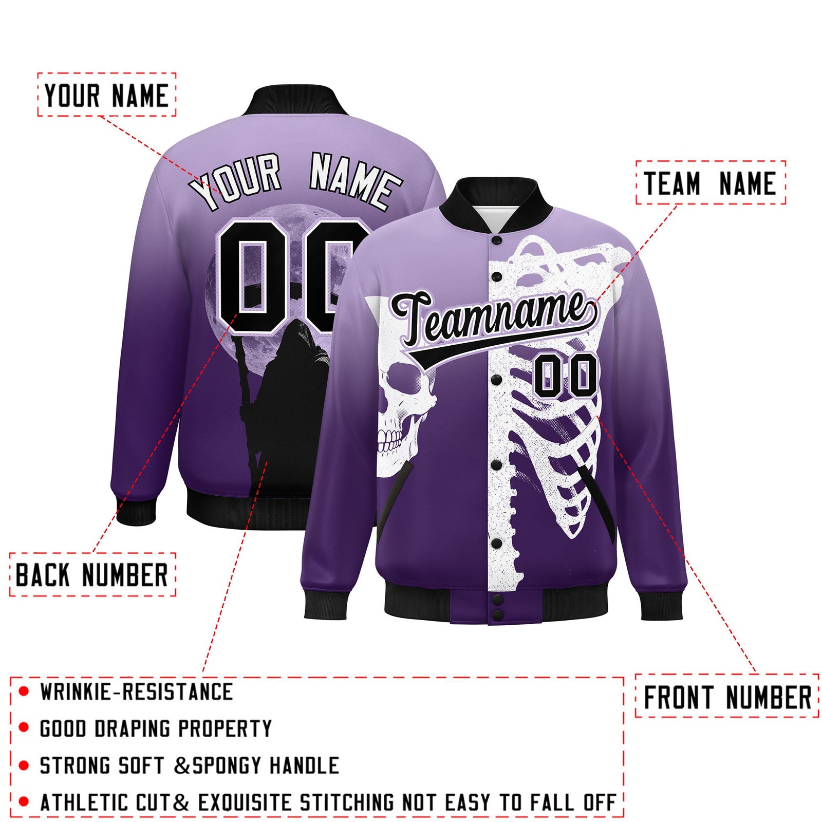 Custom Light Purple Purple Black skeleton Halloween Graffiti Pattern Stretch Fabric Jacket| KXKSHOP