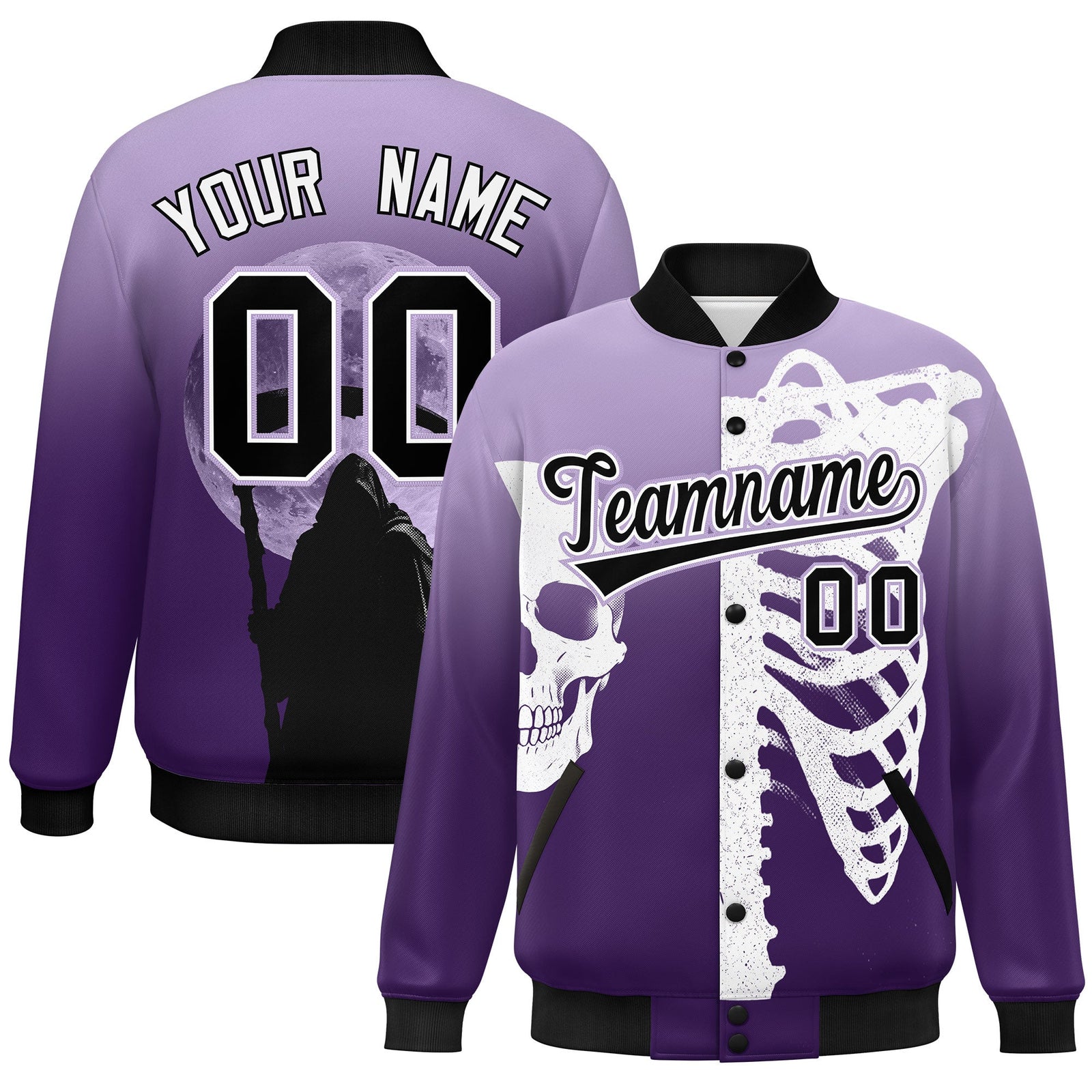 Custom Light Purple Purple Black skeleton Halloween Graffiti Pattern Stretch Fabric Jacket| KXKSHOP