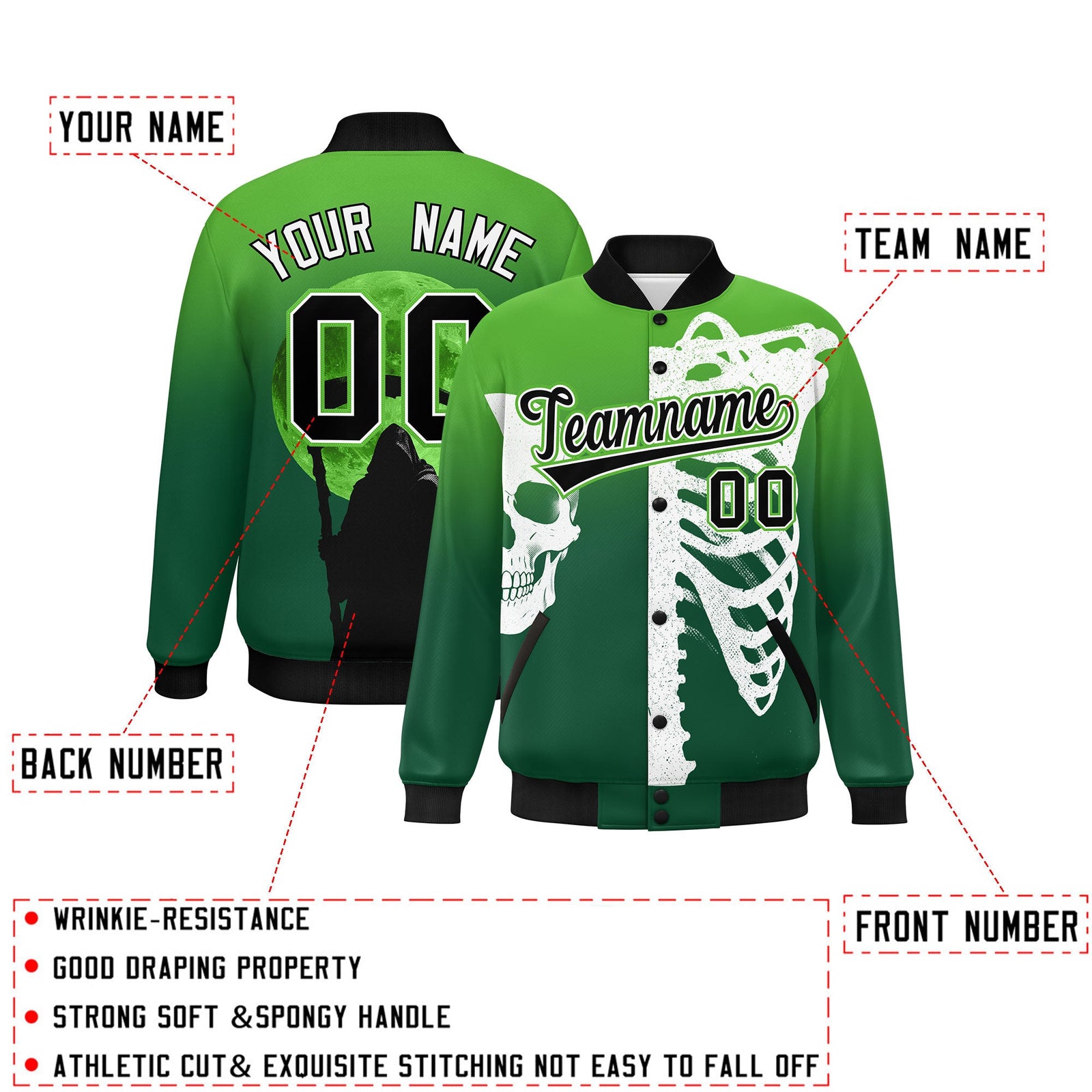 Custom Light Green Dark Green Black skeleton Halloween Graffiti Pattern Moisture-Wicking Jacket| KXKSHOP