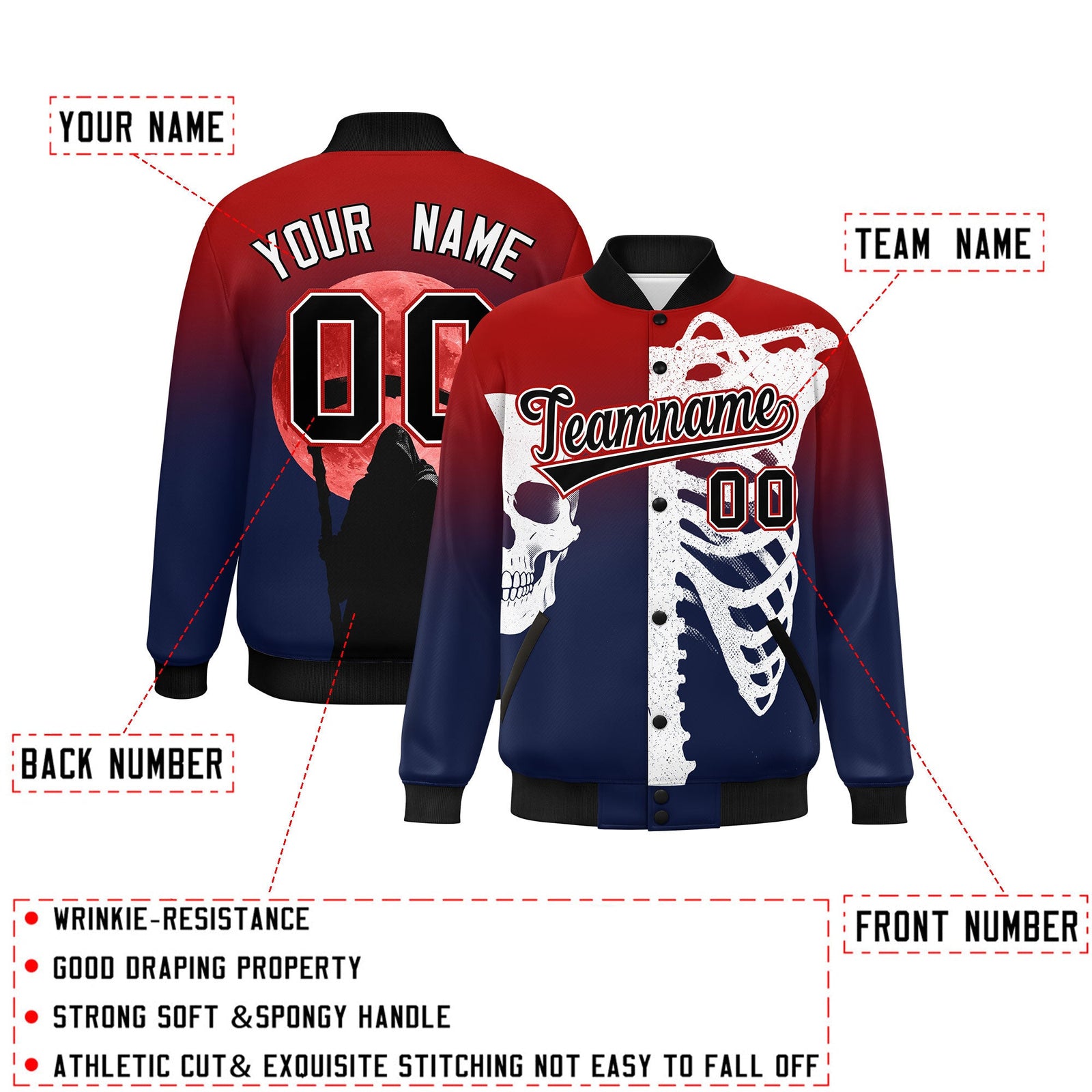 Custom Red Navy Black skeleton Halloween Graffiti Pattern Stretch Fabric Jacket| KXKSHOP