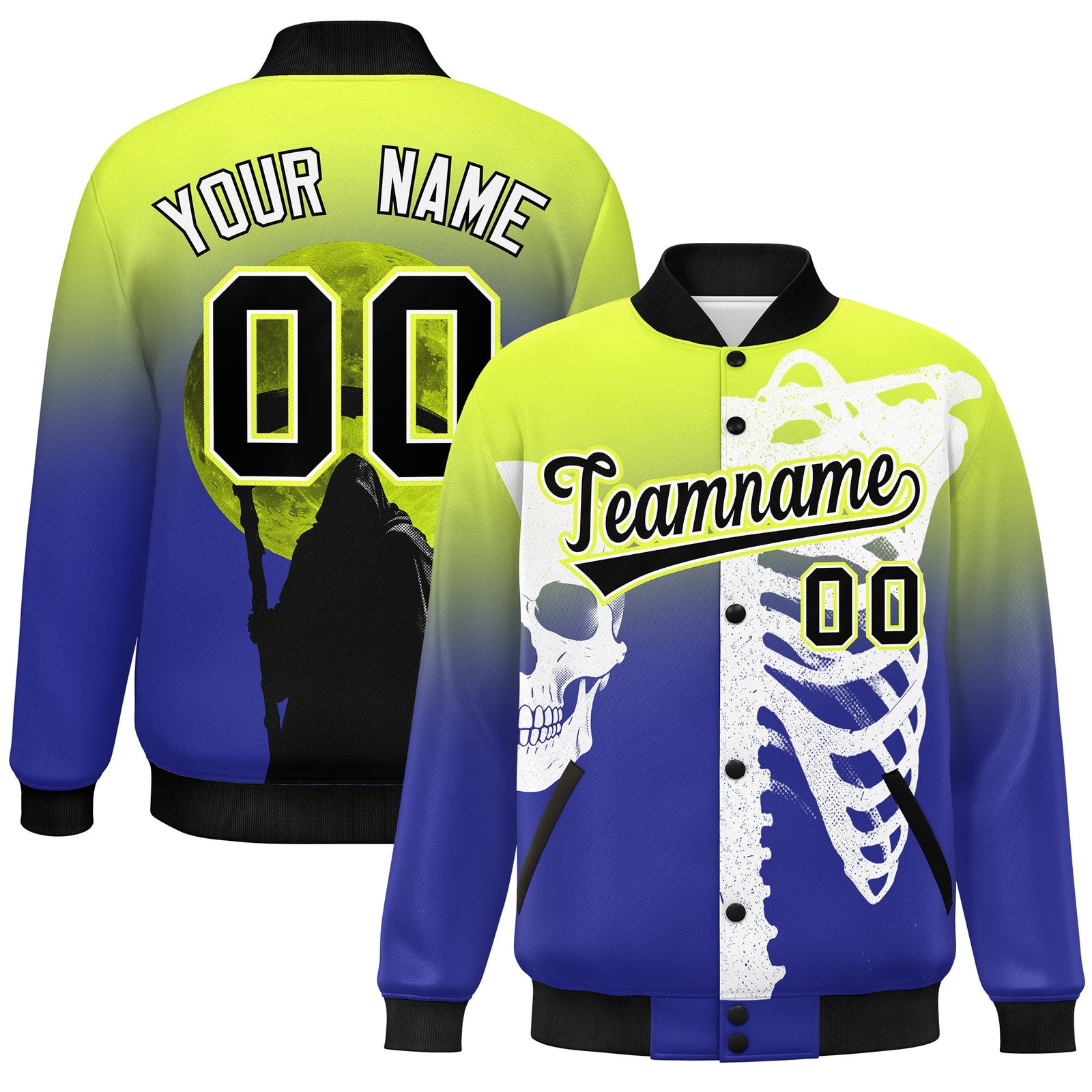 Custom Fluorescent Green Royal Black skeleton Halloween Graffiti Pattern Moisture-Wicking Jacket| KXKSHOP