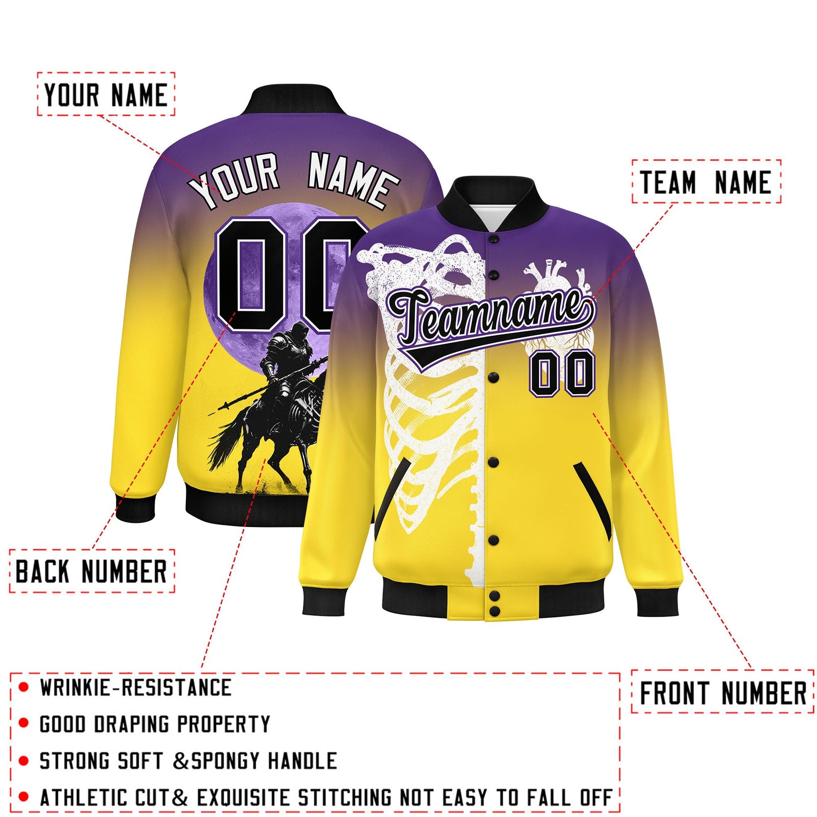 Custom Purple Gold Black skeleton Halloween Graffiti Pattern Moisture-Wicking Jacket| KXKSHOP