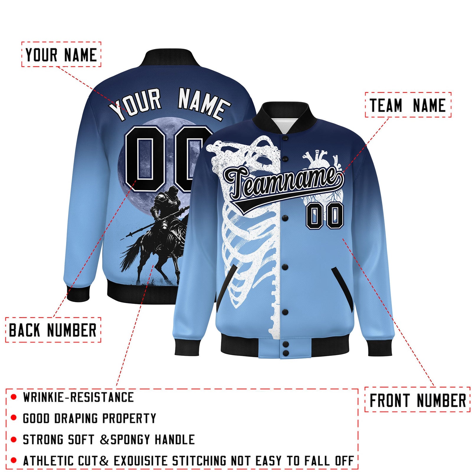 Custom Navy Light Blue Black skeleton Halloween Graffiti Pattern Moisture-Wicking Jacket| KXKSHOP