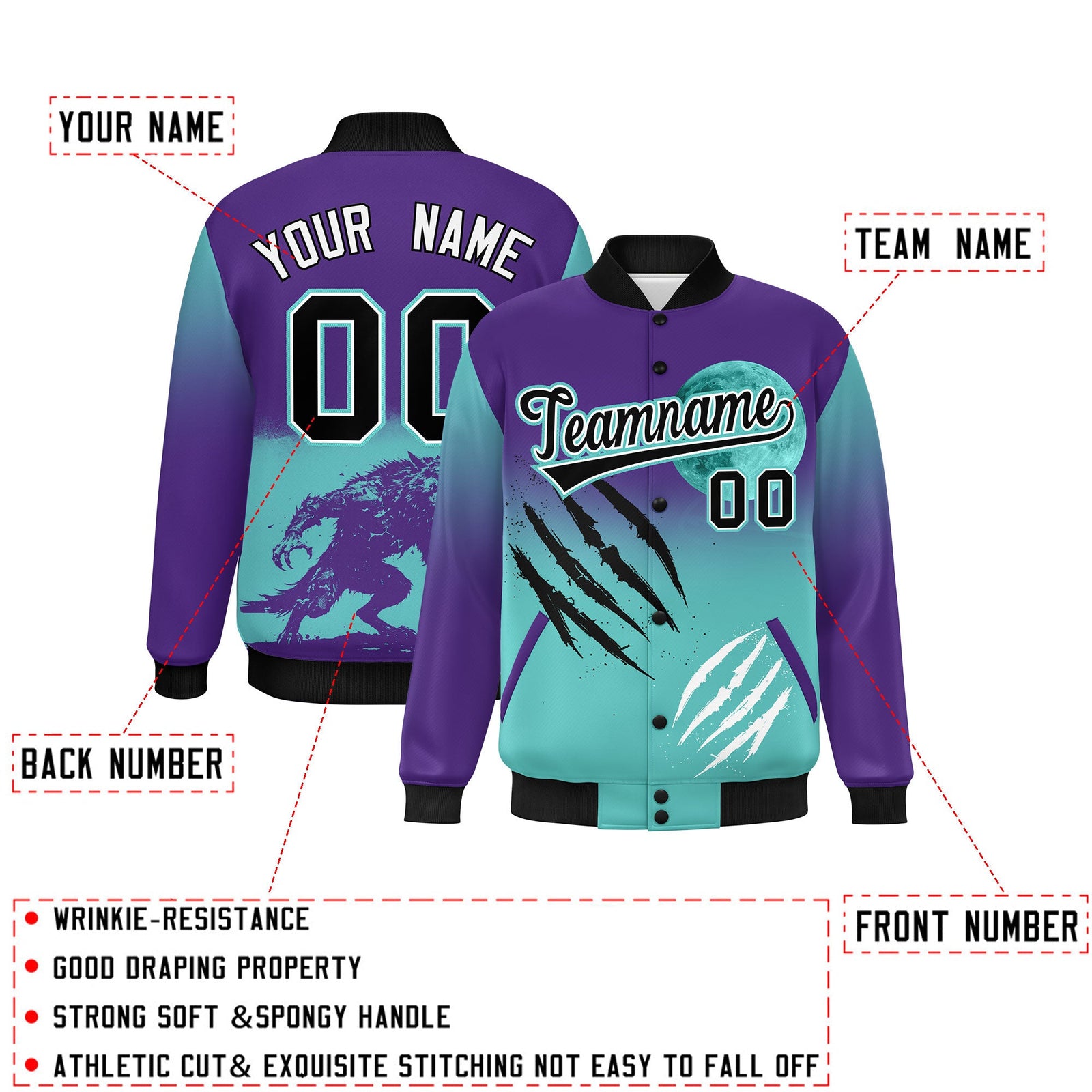 Custom Purple Teal Black skeleton Halloween Graffiti Pattern Moisture-Wicking Jacket| KXKSHOP