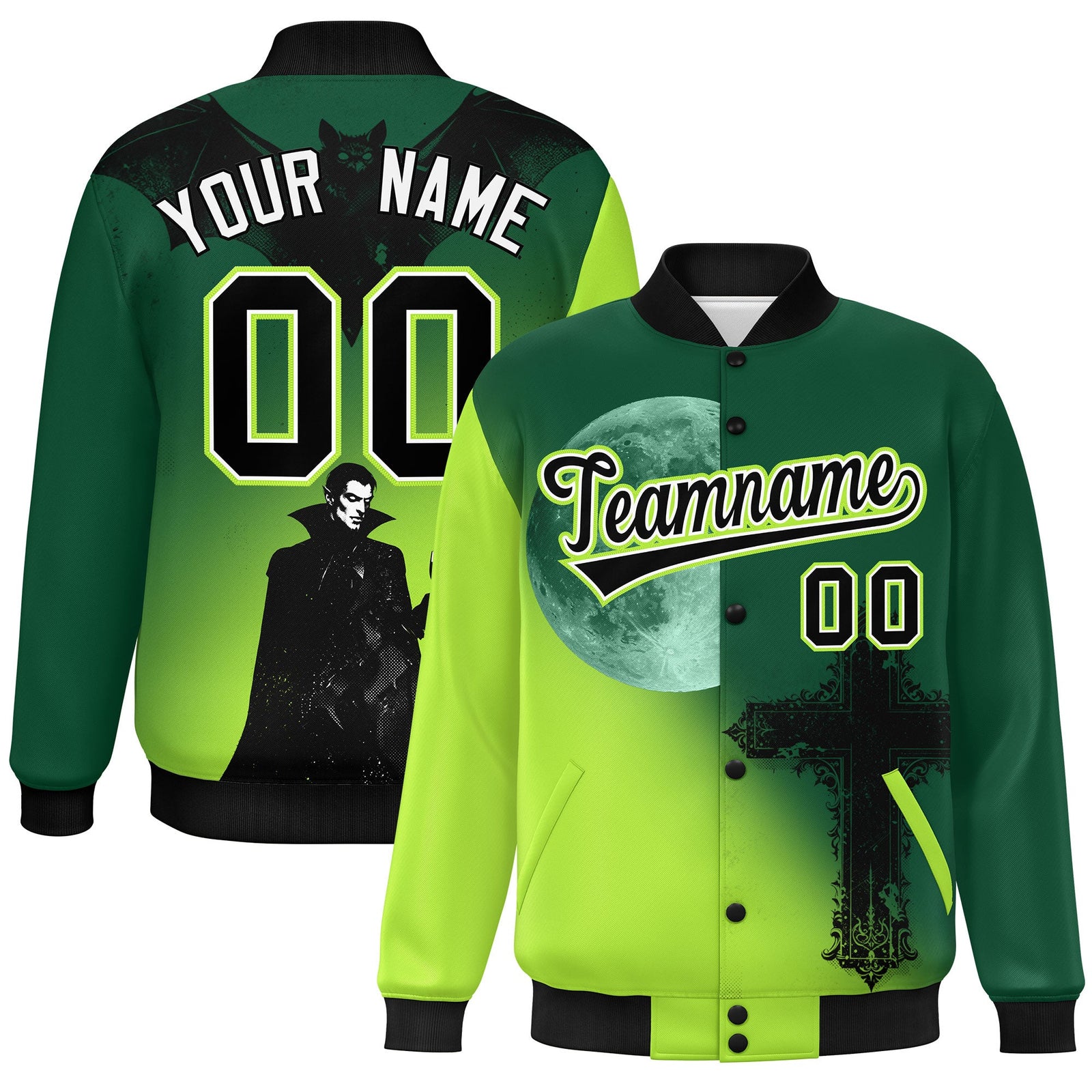 Custom Green Neon Green Black skeleton Halloween Graffiti Pattern Stretch Fabric Jacket| KXKSHOP