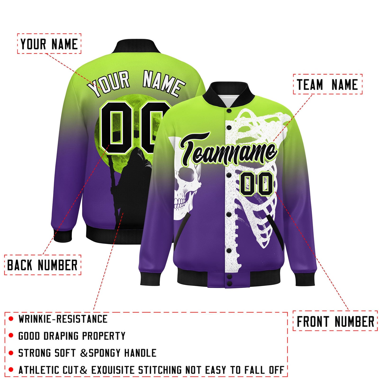 Custom Neon Green Purple Black skeleton Halloween Graffiti Pattern Moisture-Wicking Jacket| KXKSHOP