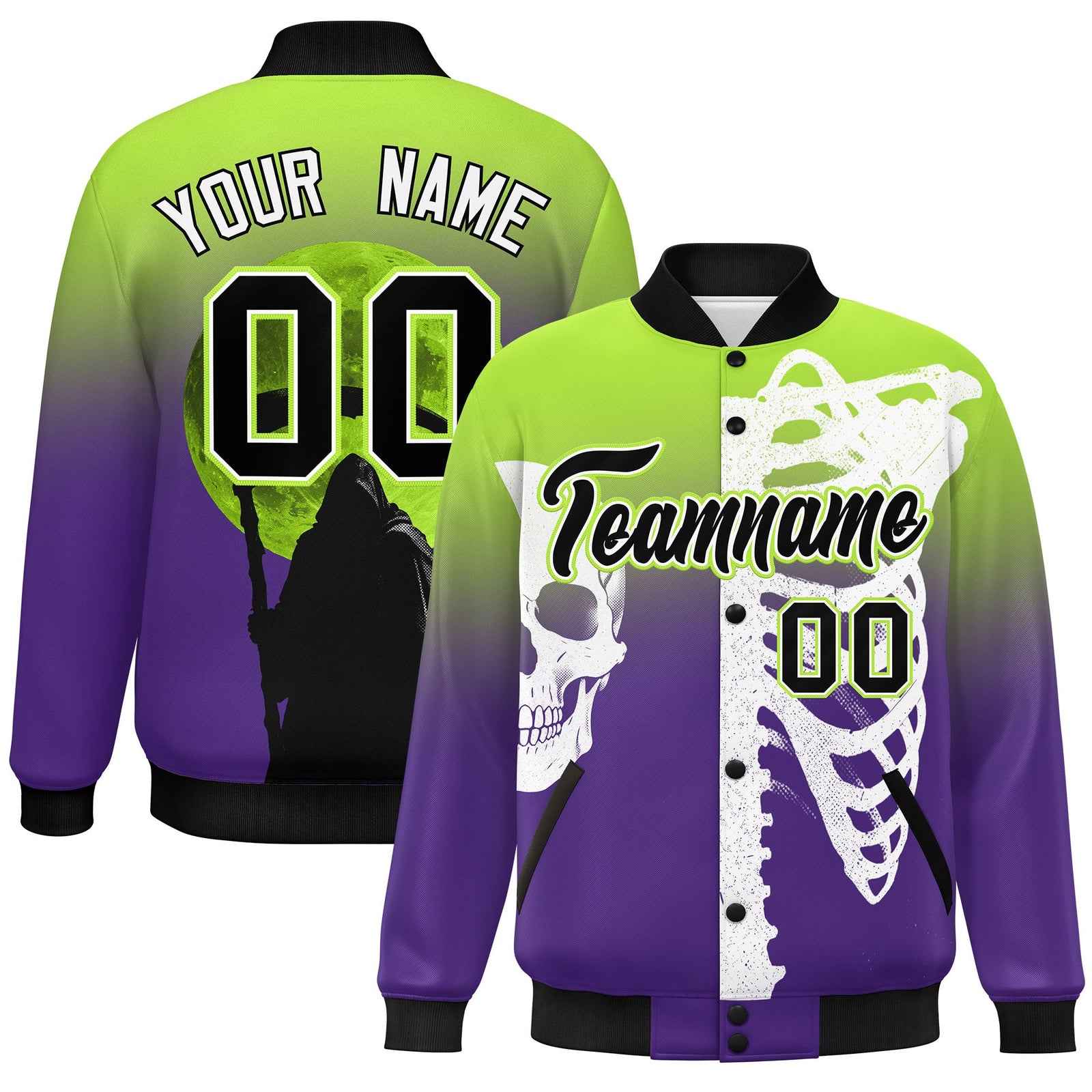 Custom Neon Green Purple Black skeleton Halloween Graffiti Pattern Moisture-Wicking Jacket| KXKSHOP