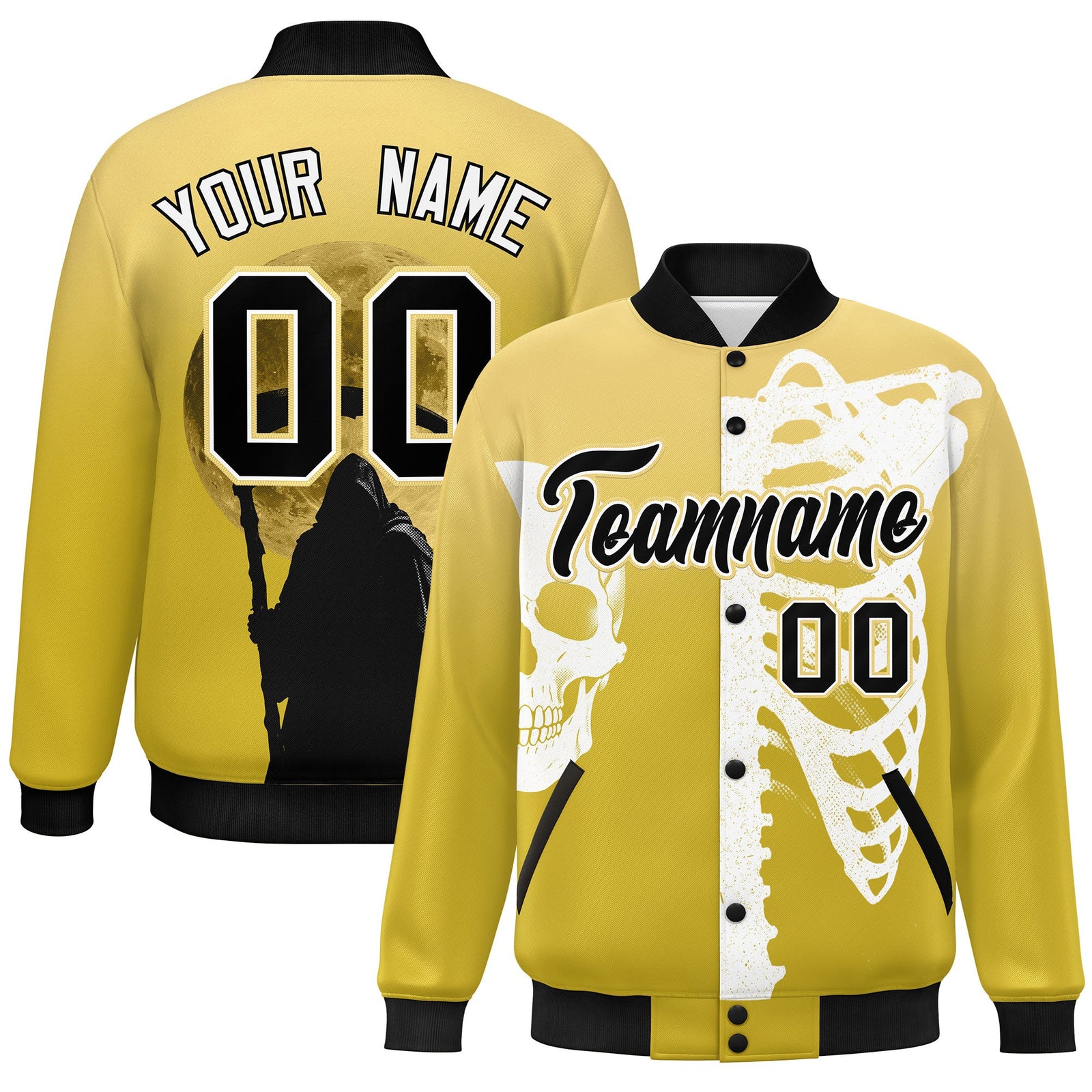 Custom Khaki Old Gold Black skeleton Halloween Graffiti Pattern Stretch Fabric Jacket| KXKSHOP