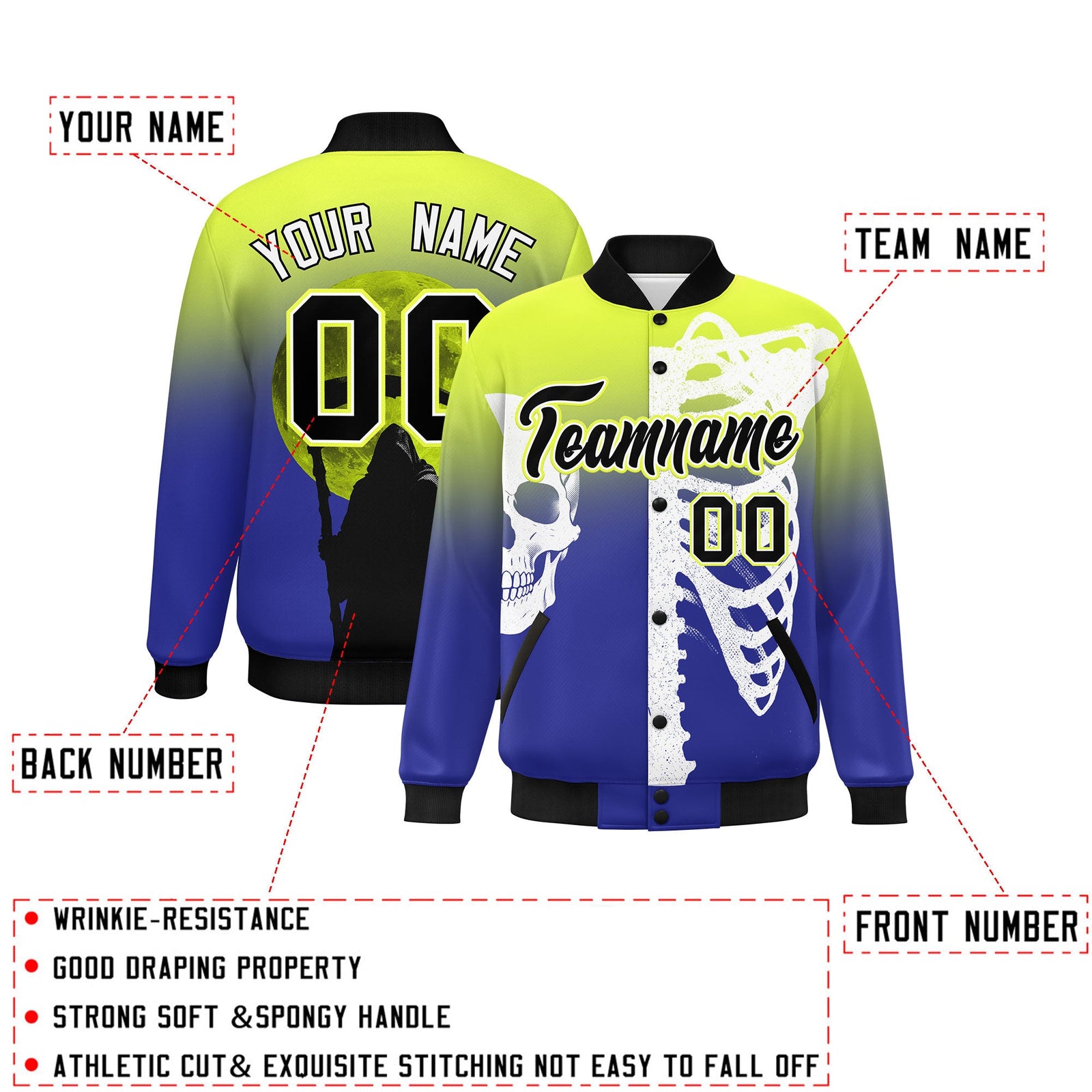 Custom Fluorescent Green Royal Black skeleton Halloween Graffiti Pattern Moisture-Wicking Jacket| KXKSHOP