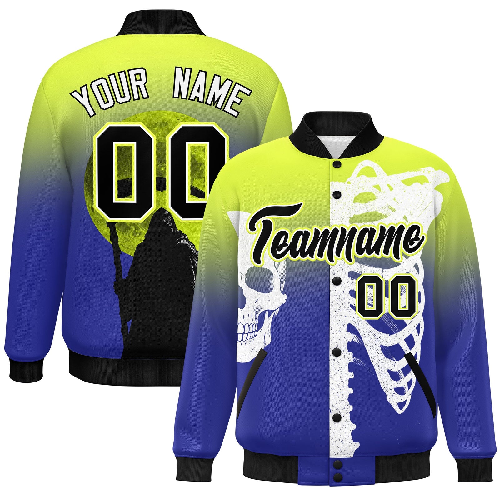 Custom Fluorescent Green Royal Black skeleton Halloween Graffiti Pattern Moisture-Wicking Jacket| KXKSHOP
