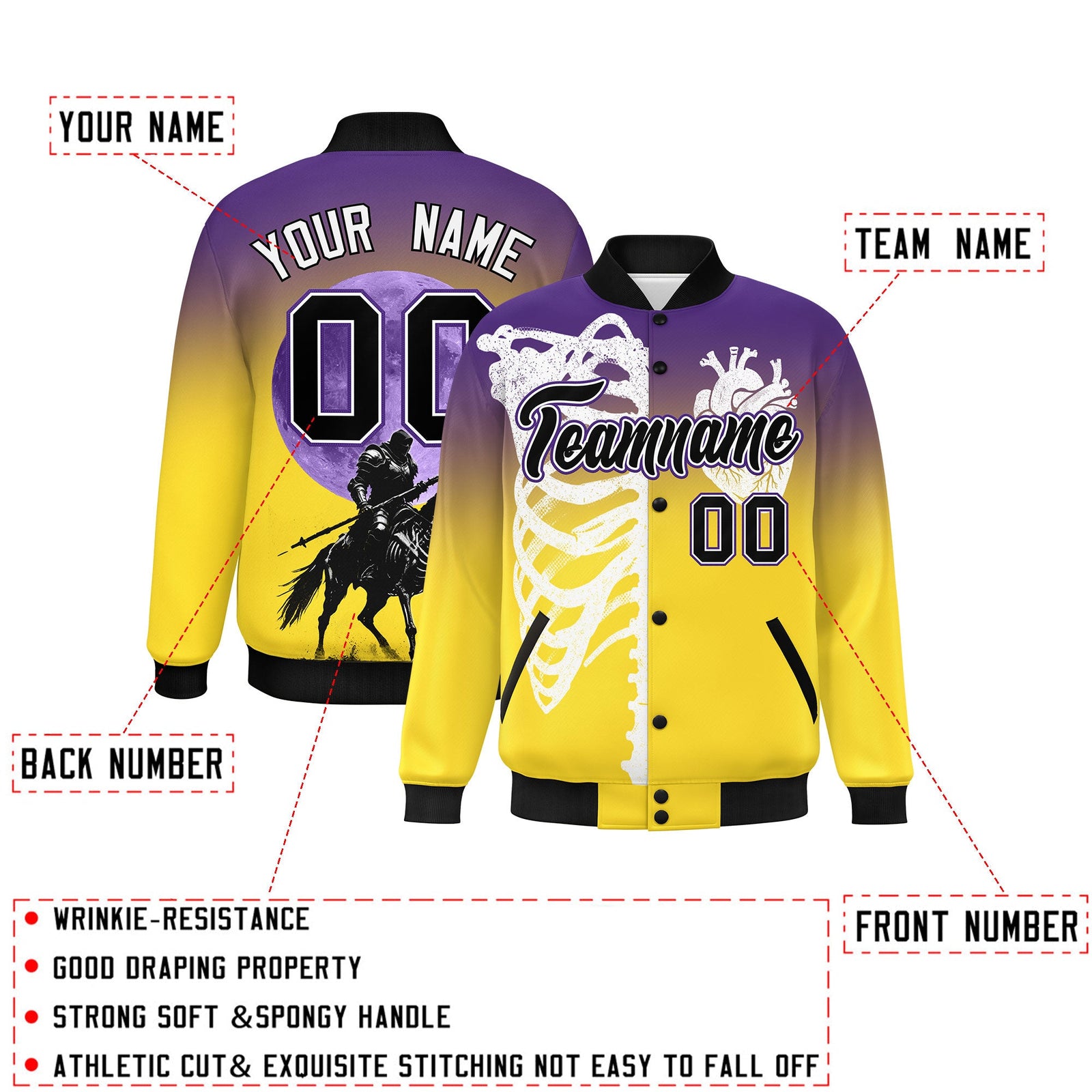 Custom Purple Gold Black skeleton Halloween Graffiti Pattern Moisture-Wicking Jacket| KXKSHOP