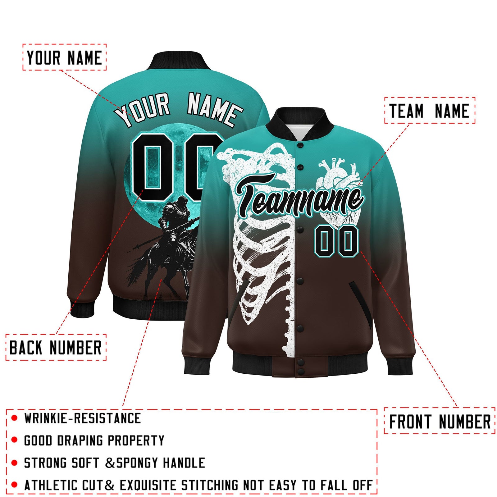 Custom Aqua Brown Black skeleton Halloween Graffiti Pattern Stretch Fabric Jacket| KXKSHOP