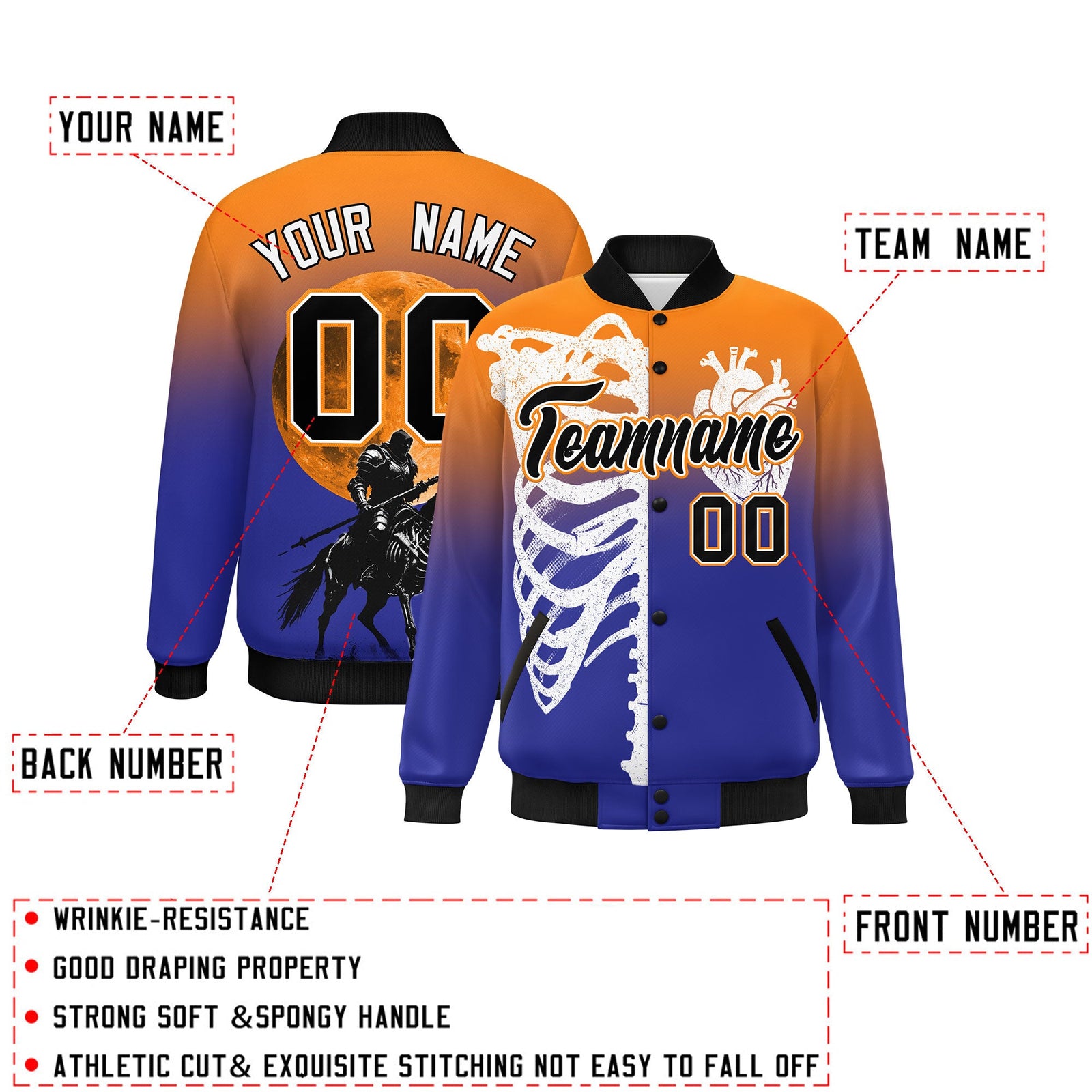 Custom Orange Royal Black skeleton Halloween Graffiti Pattern Moisture-Wicking Jacket| KXKSHOP