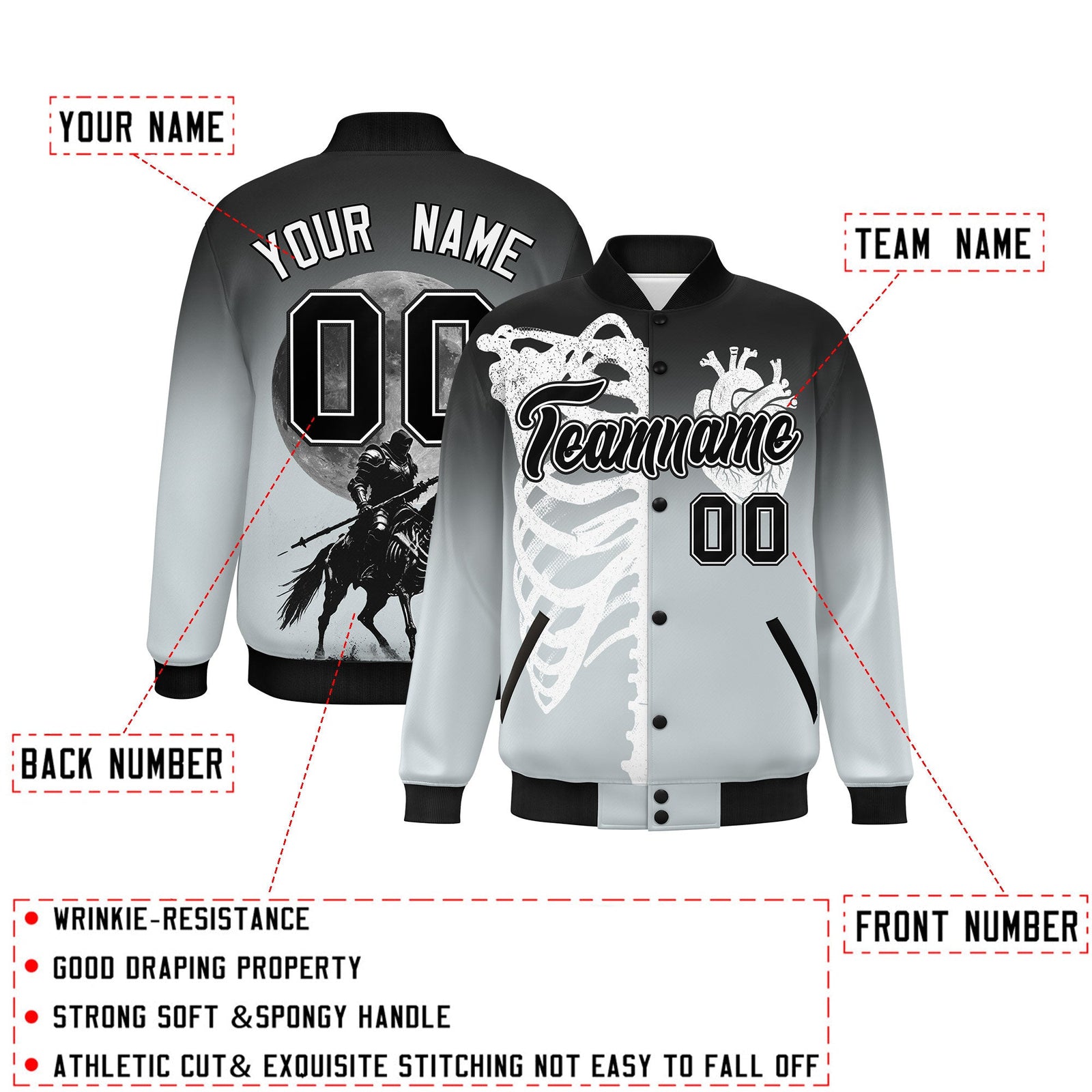 Custom Black Silver White skeleton Halloween Graffiti Pattern Stretch Fabric Jacket| KXKSHOP