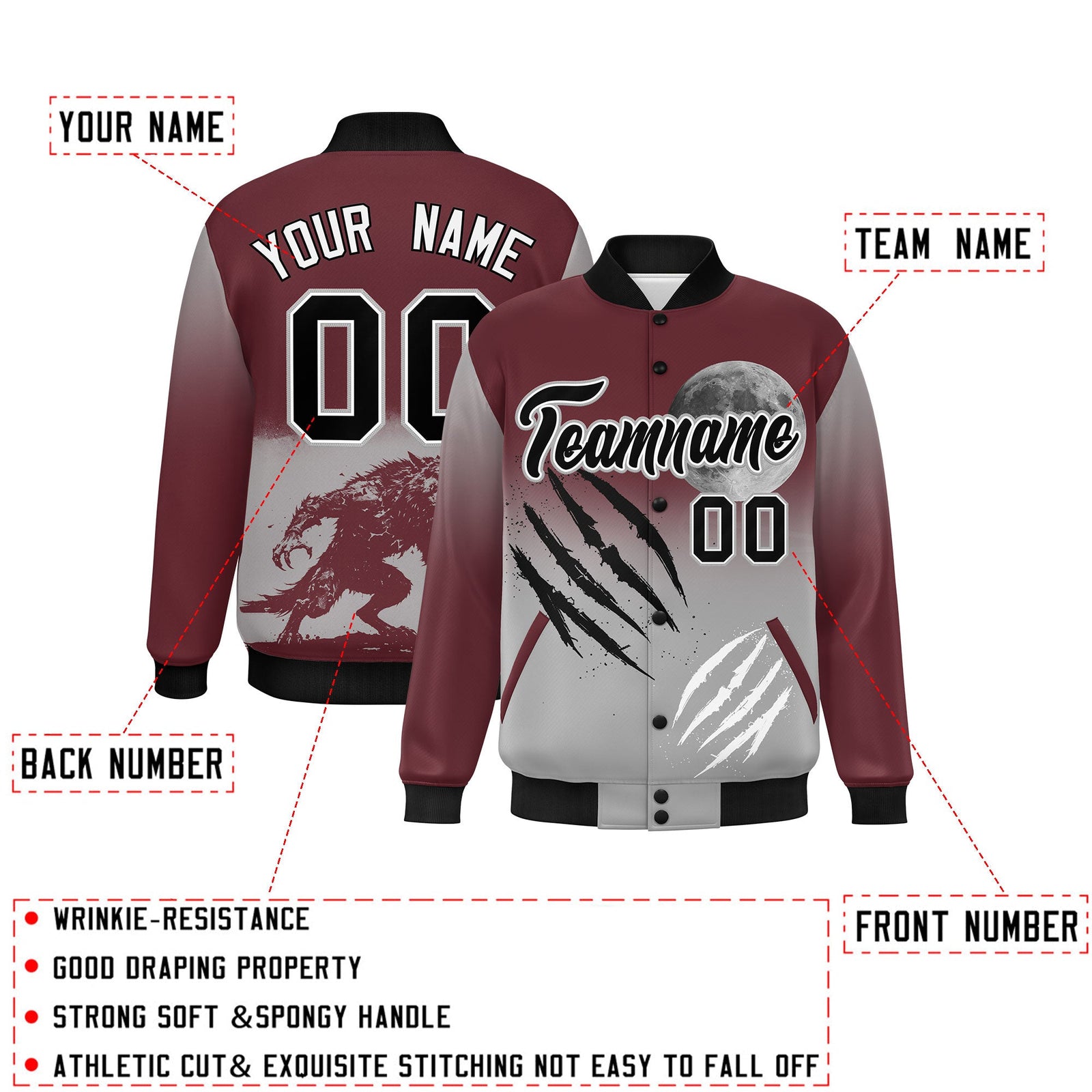 Custom Burgundy Gray Black skeleton Halloween Graffiti Pattern Moisture-Wicking Jacket| KXKSHOP
