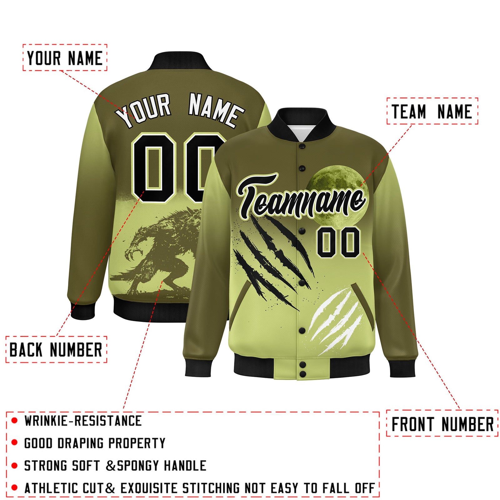 Custom Olive Champagne Black skeleton Halloween Graffiti Pattern Stretch Fabric Jacket| KXKSHOP
