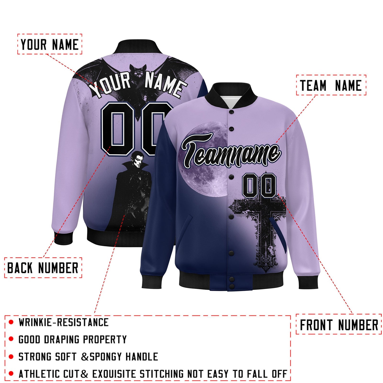 Custom Light Purple Navy Black skeleton Halloween Graffiti Pattern Stretch Fabric Jacket| KXKSHOP