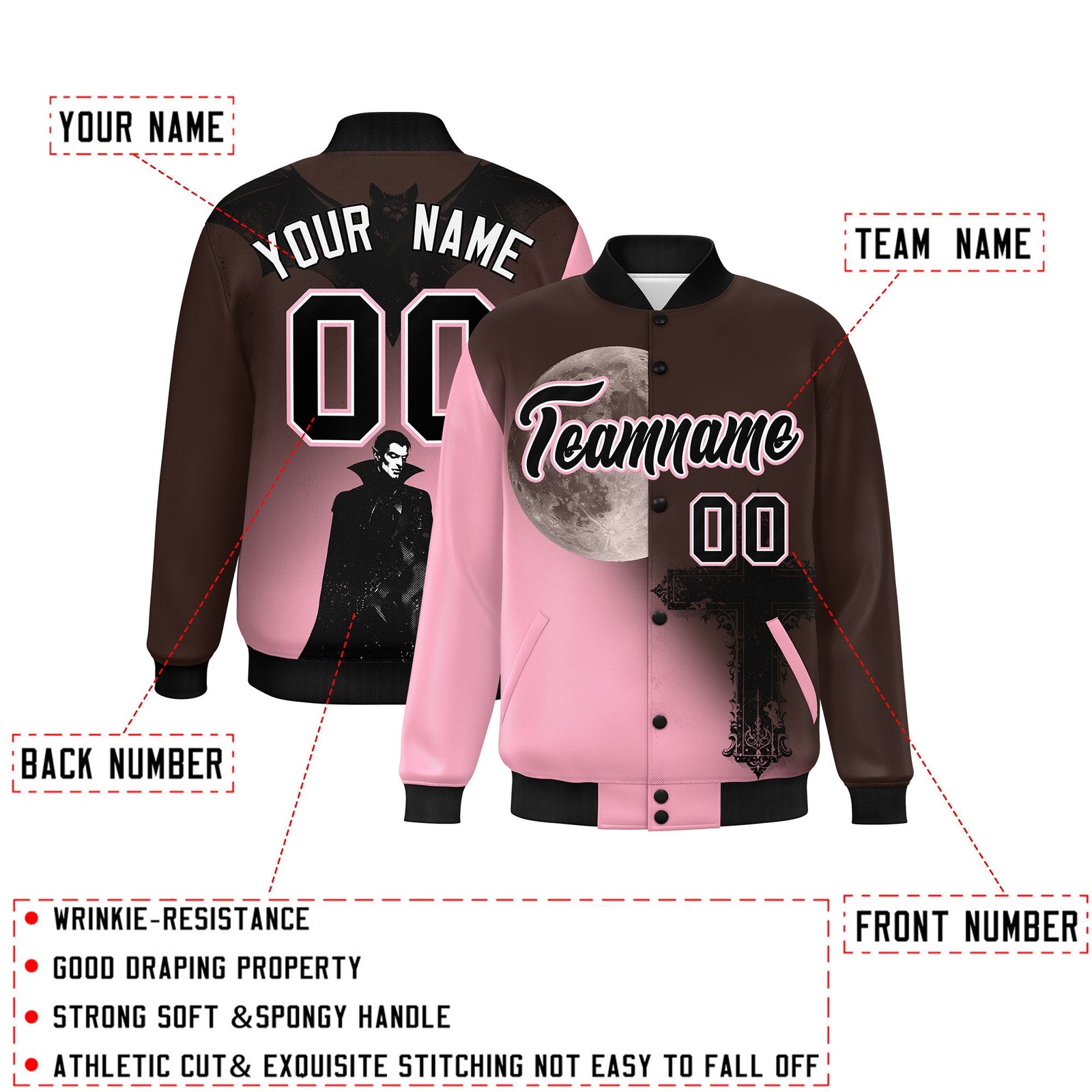 Custom Brown Light Pink Black skeleton Halloween Graffiti Pattern Stretch Fabric Jacket| KXKSHOP