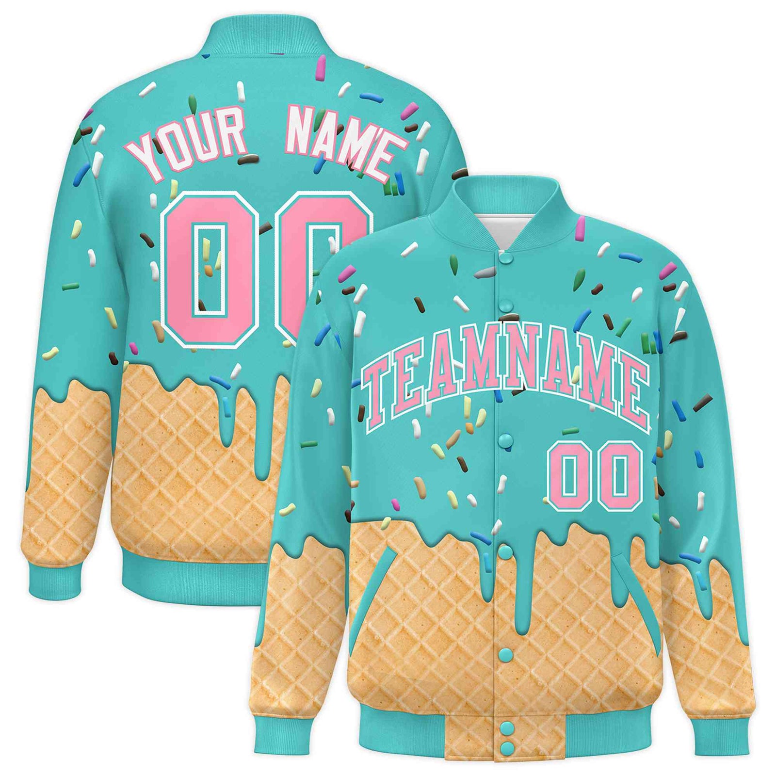 Custom Teal Ice Cream Cone Graffiti Pattern Full-Snap Varsity Letterman Jackets