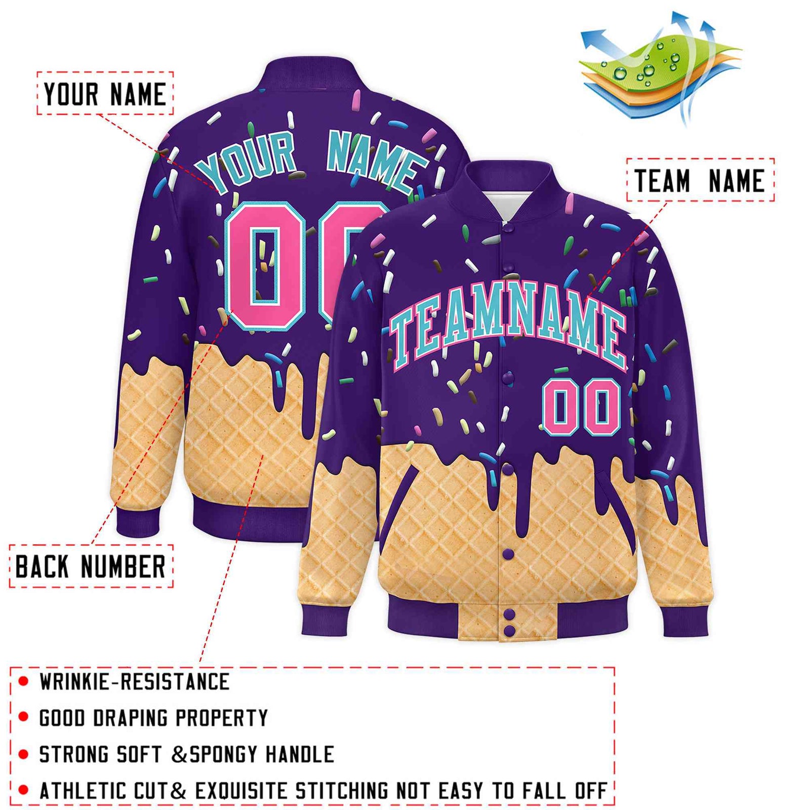 Custom Purple Ice Cream Cone Graffiti Pattern Full-Snap Varsity Letterman Jackets