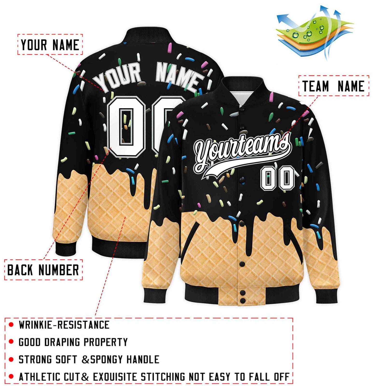 Custom Black Ice Cream Cone Graffiti Pattern Full-Snap Varsity Letterman Jackets