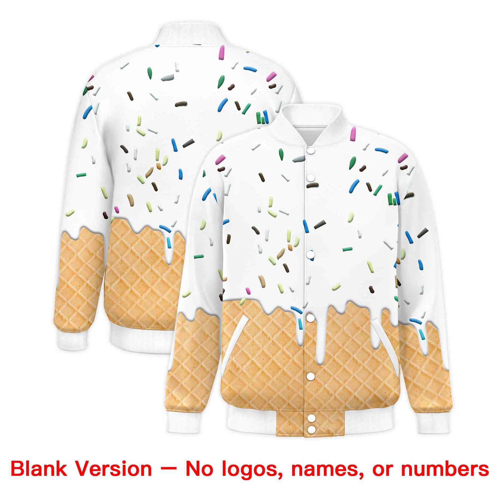 Custom White Ice Cream Cone Graffiti Pattern Full-Snap Varsity Letterman Jackets
