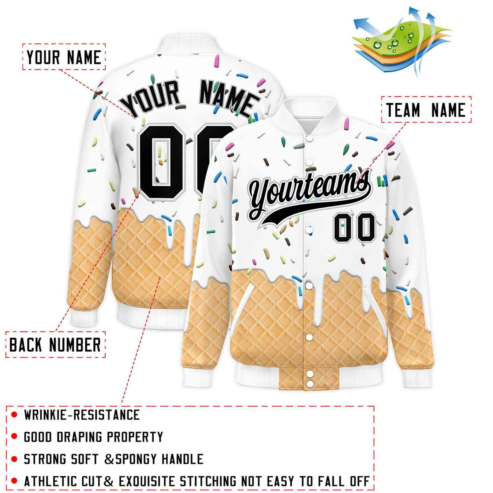 Custom White Ice Cream Cone Graffiti Pattern Full-Snap Varsity Letterman Jackets