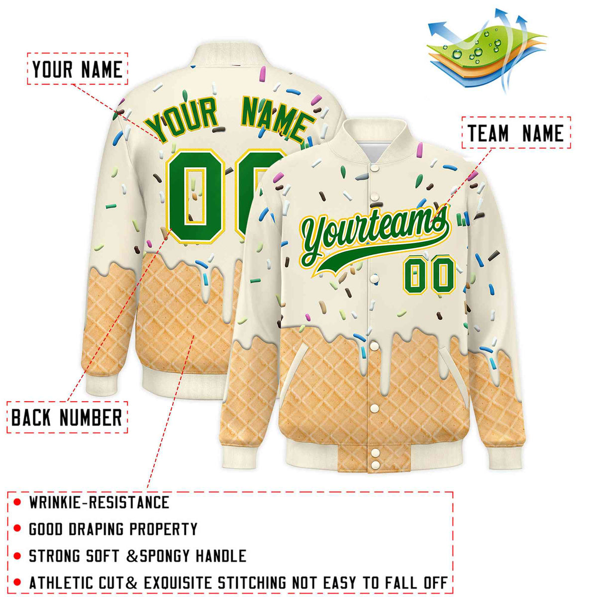 Custom Cream Ice Cream Cone Graffiti Pattern Full-Snap Varsity Letterman Jackets