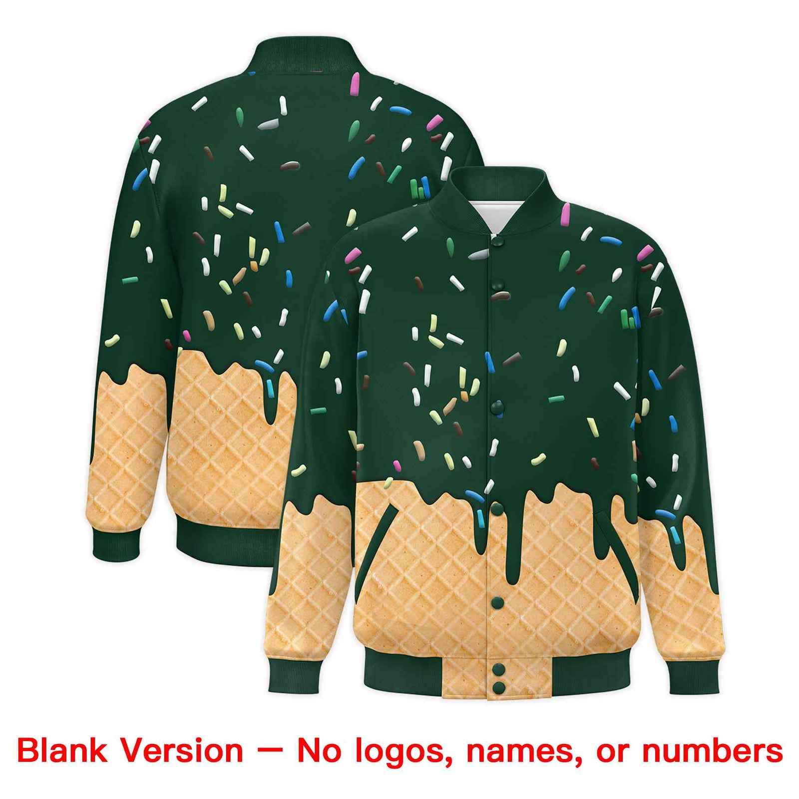 Custom Green Ice Cream Cone Graffiti Pattern Full-Snap Varsity Letterman Jackets